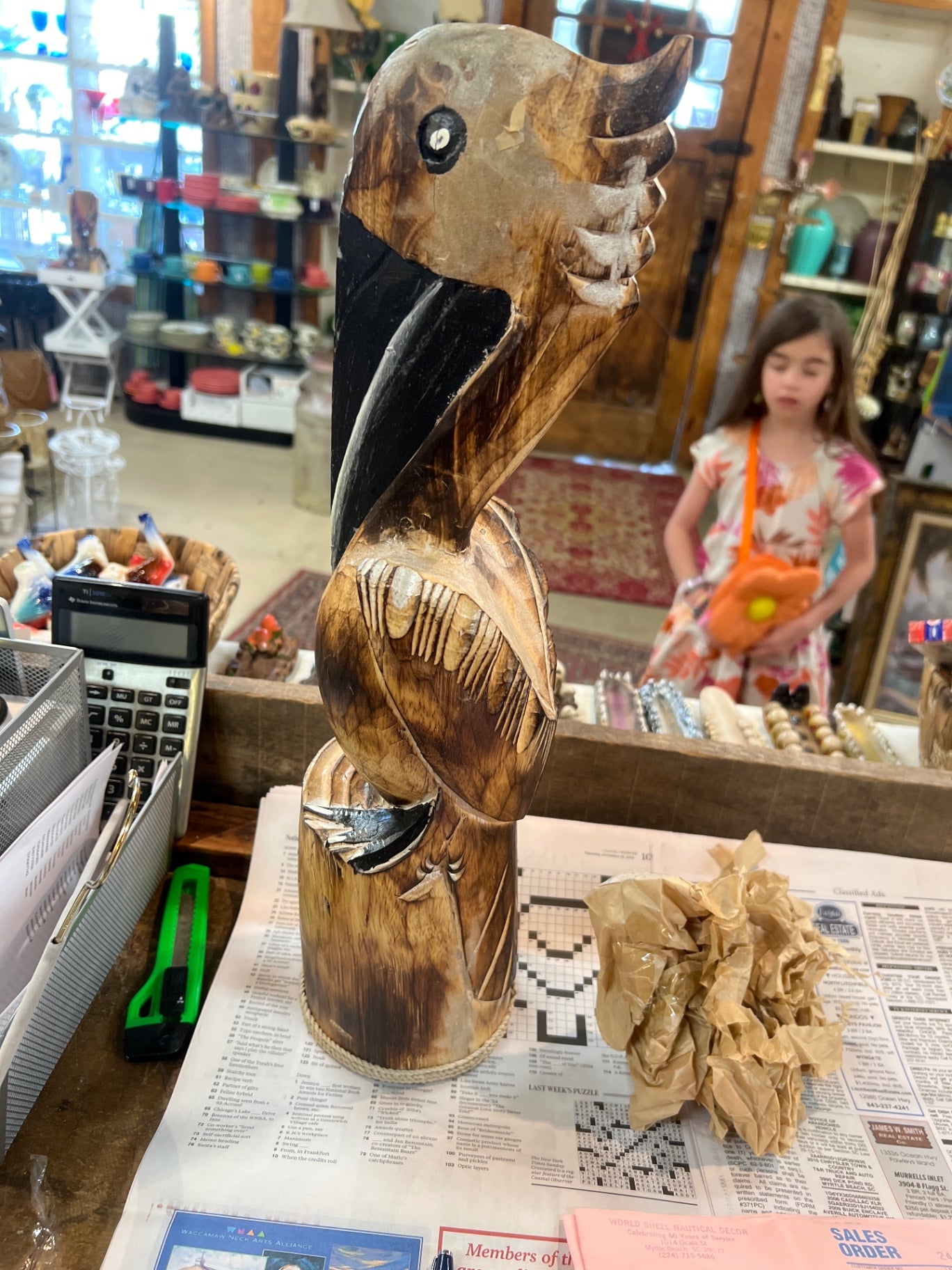 Decorative Statue Multicolored (mainly natural wood tones, black and white accents) Wood