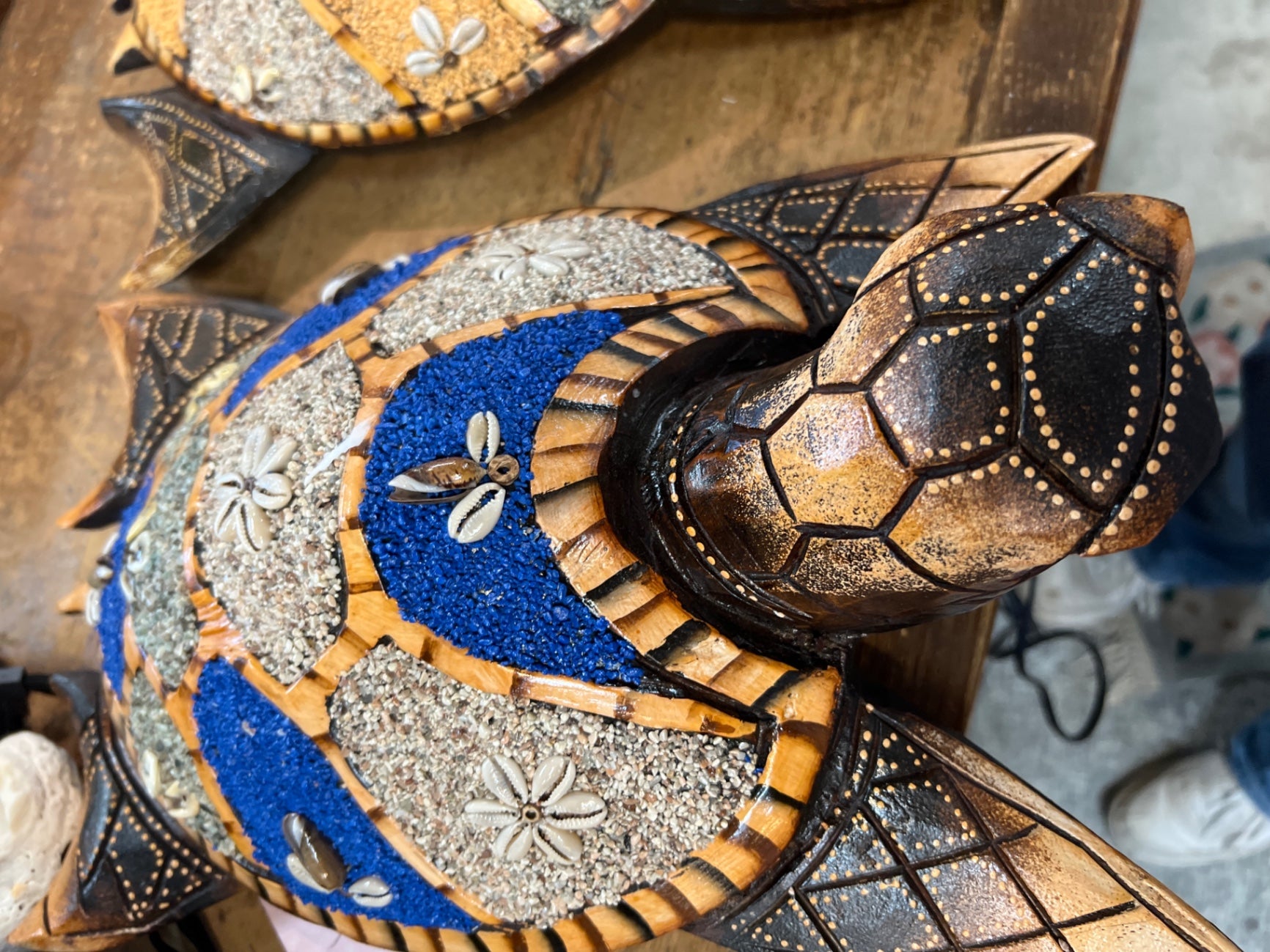 Decorative Turtle Sculpture Black, Gold, Blue, Beige Wood, Shells, Paint