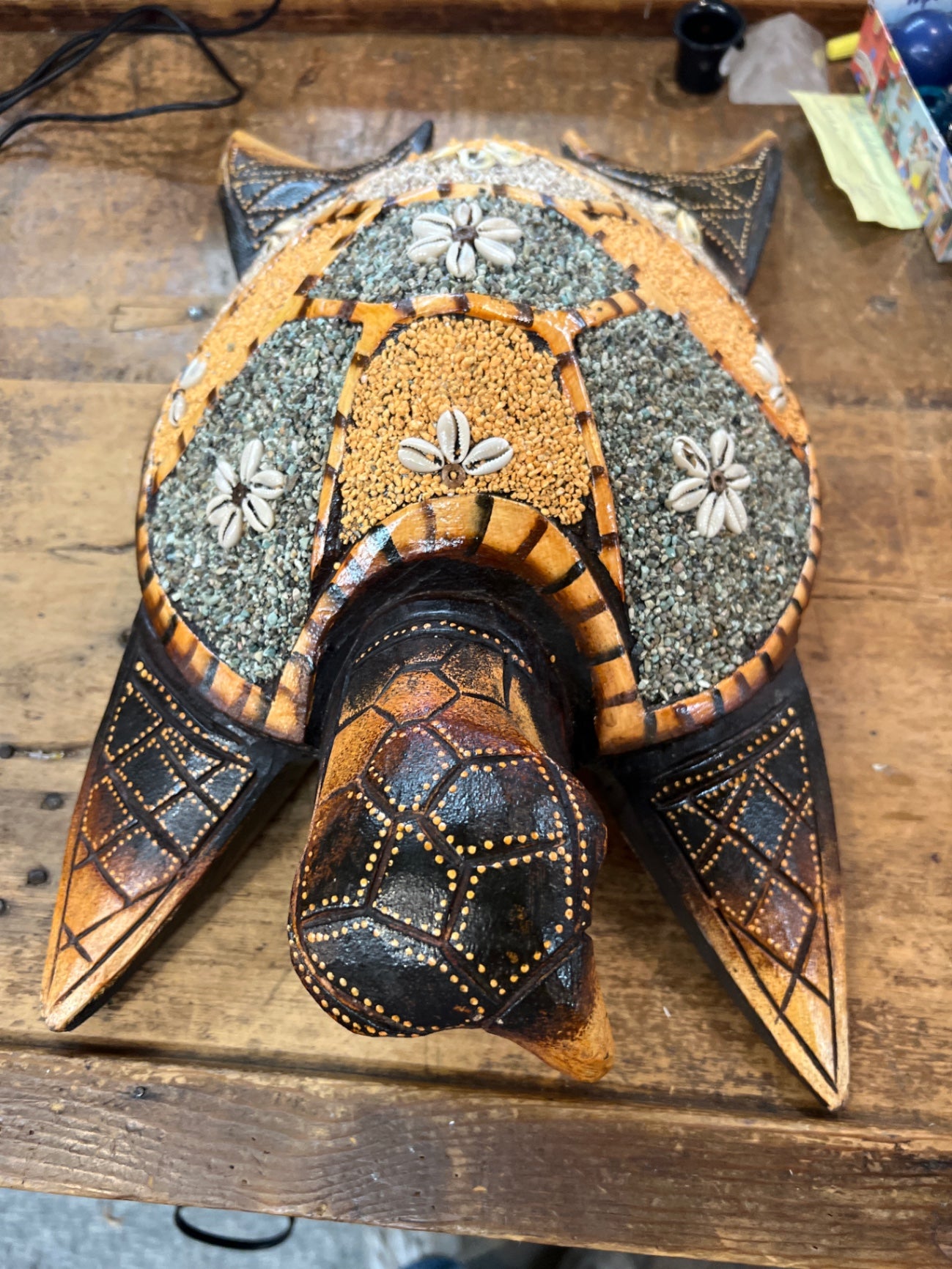Decorative Turtle Sculpture Black, Gold, Blue, Beige Wood, Shells, Paint