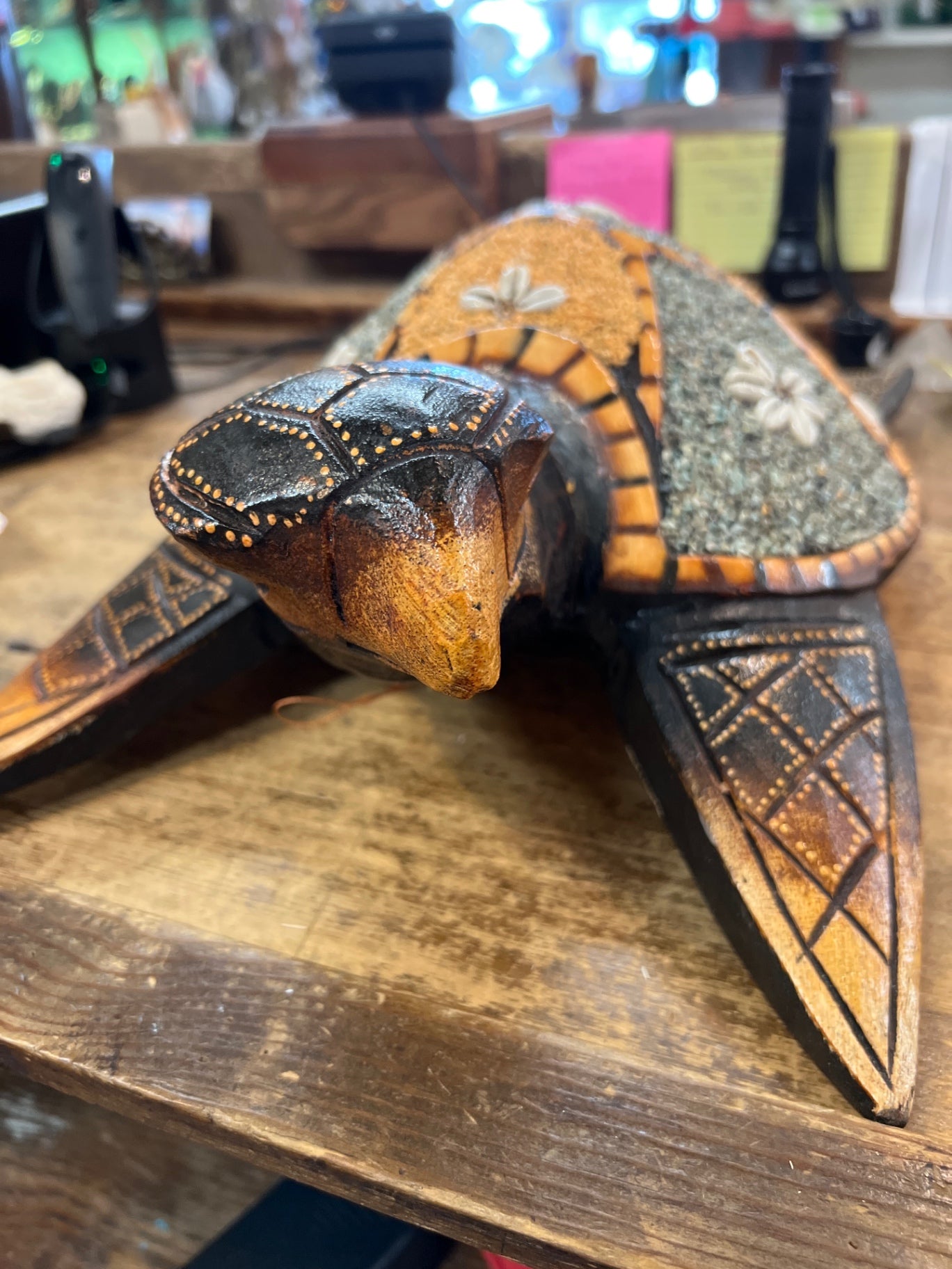 Decorative Turtle Sculpture Black, Gold, Blue, Beige Wood, Shells, Paint