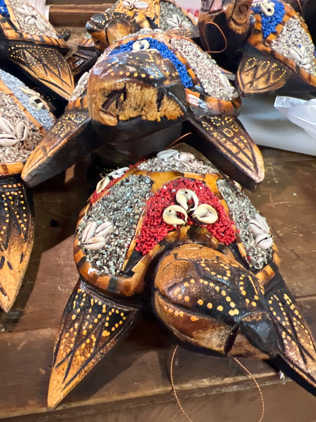 Medium Decorative Turtle Multicolor (Black, Brown, Blue, Red, White, Yellow) Wood, Clay, Screws, Shells, Beads, Paint