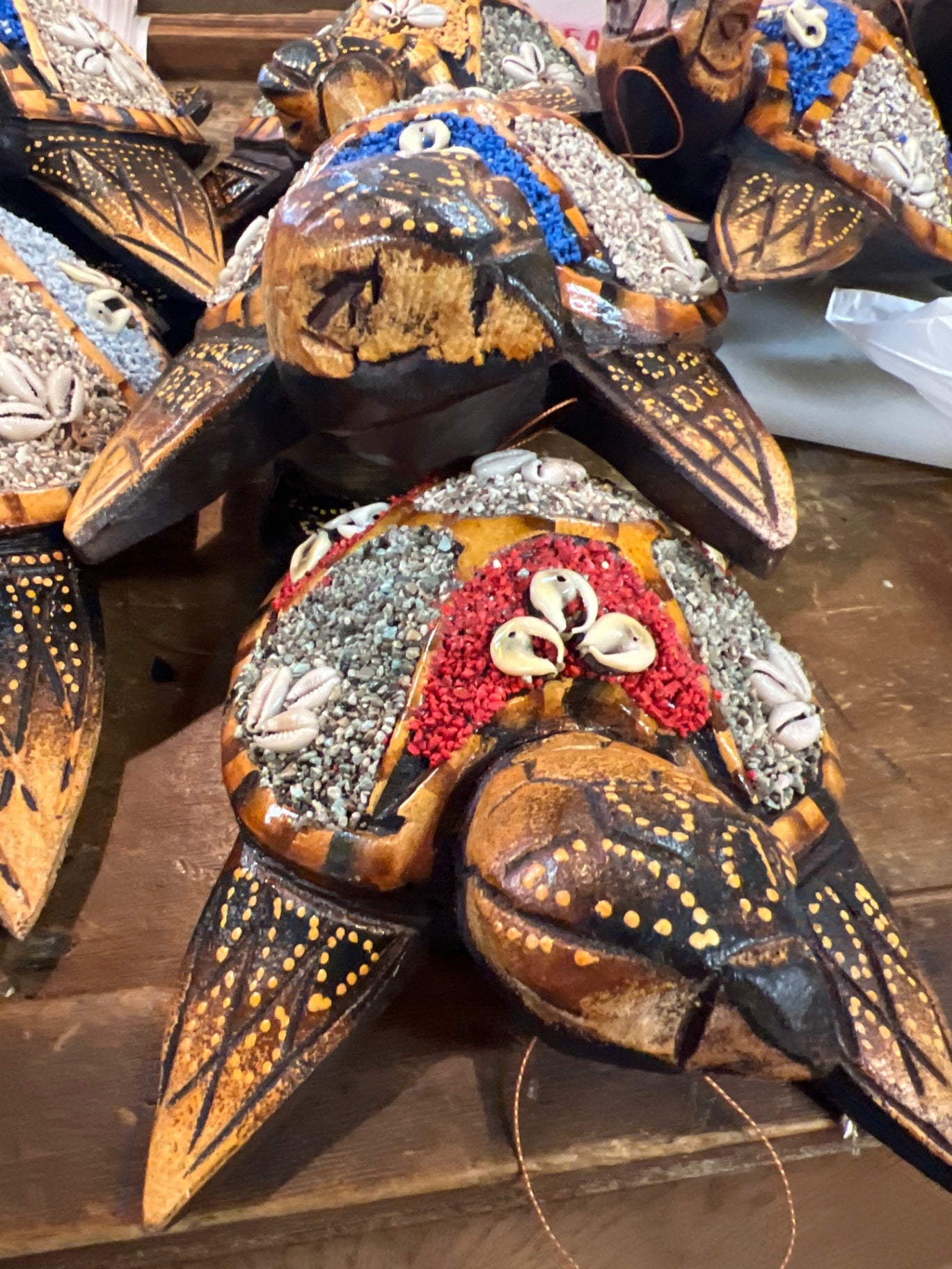 Medium Decorative Turtle Multicolor (Black, Brown, Blue, Red, White, Yellow) Wood, Clay, Screws, Shells, Beads, Paint