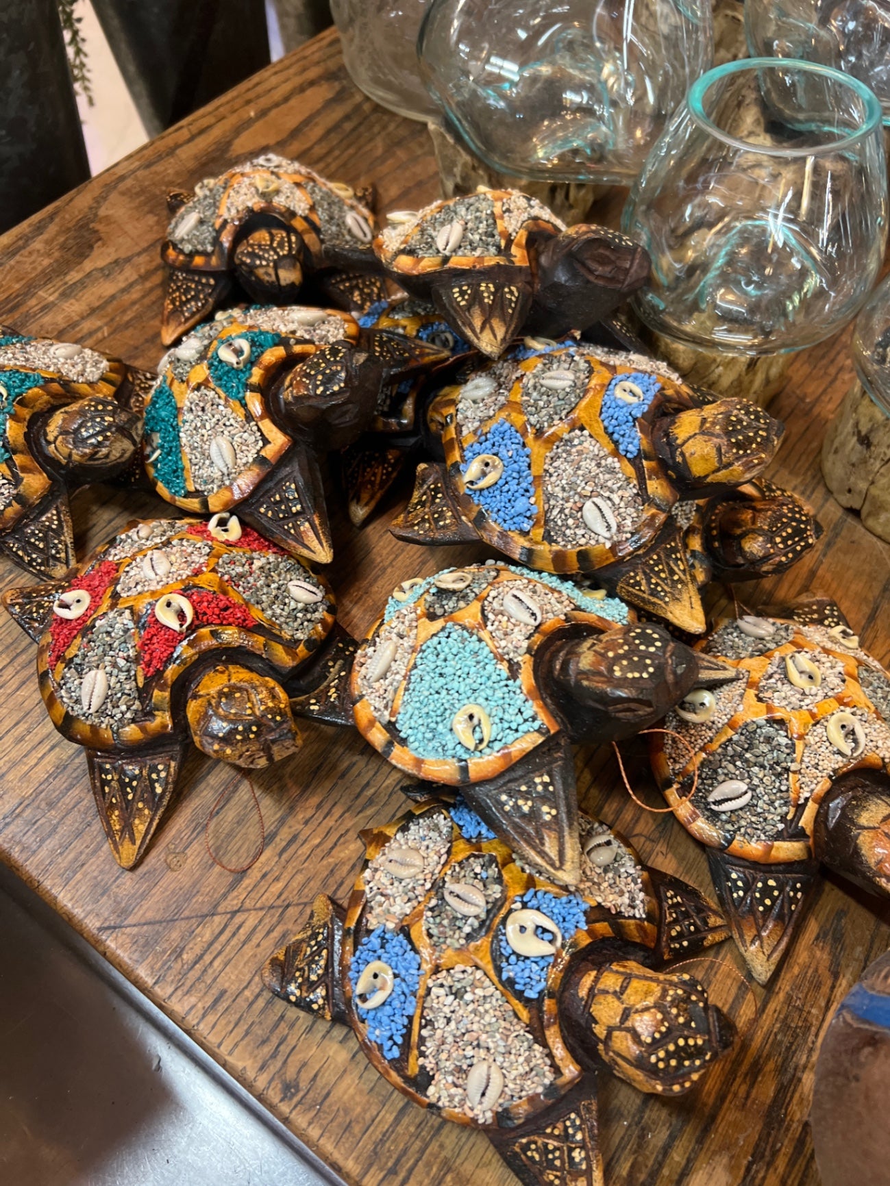 Extra Small sand turtle Decorative Turtle Figurines Multicolored (predominantly orange, blue, black, and white) Wood, shell, beads, and possibly resin or paint