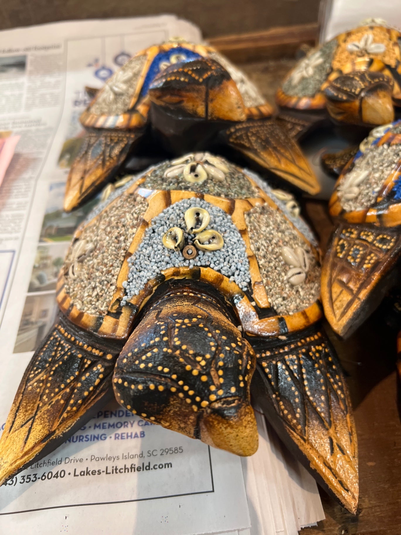 Medium Decorative Turtle Multicolor (Black, Brown, Blue, Red, White, Yellow) Wood, Clay, Screws, Shells, Beads, Paint
