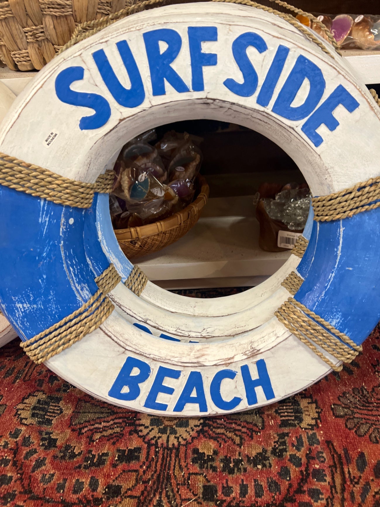 Surfside Life Ring Decorative Wall Hanging White, Blue, Natural (Jute) Wood, Rope, Metal