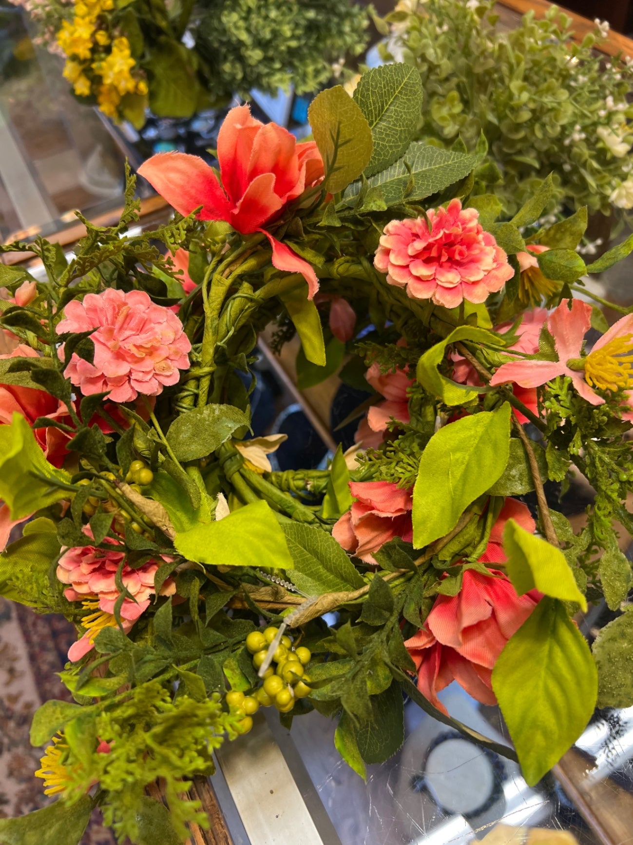 Floral Arrangement Pink, Green, Yellow Artificial Flowers and Foliage