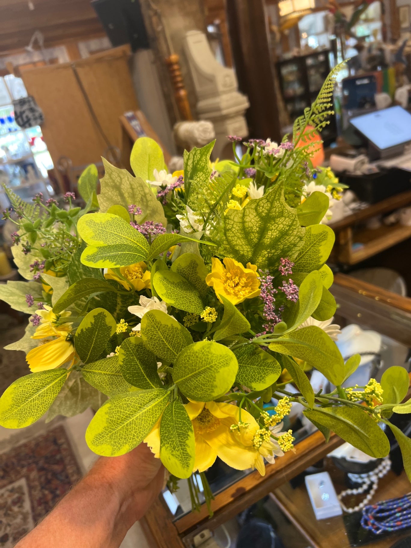Bouquet of Mixed Flowers Yellow, White, Purple, Green Fresh flowers and foliage