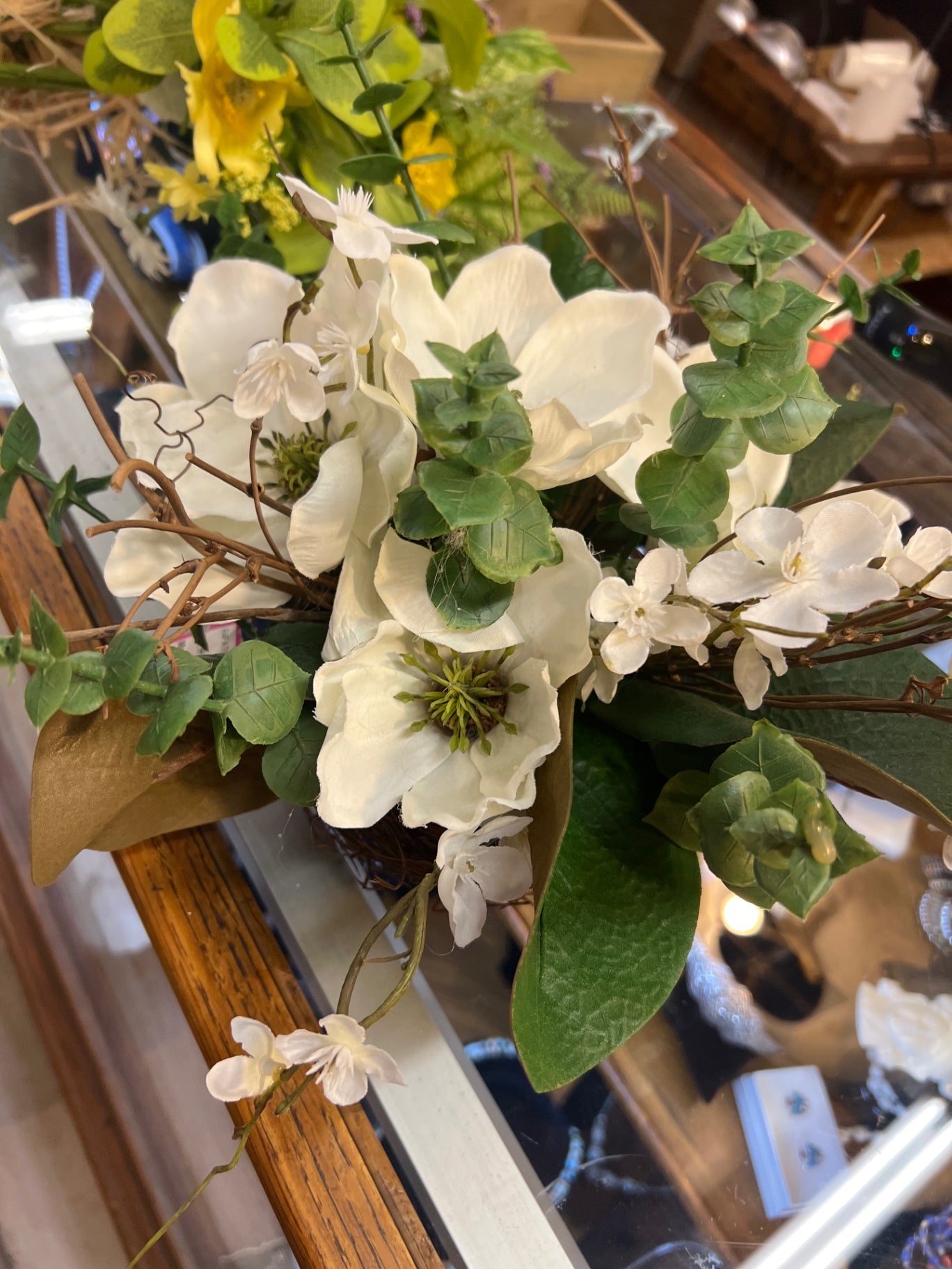Flower arrangement White and green Natural flowers and foliage