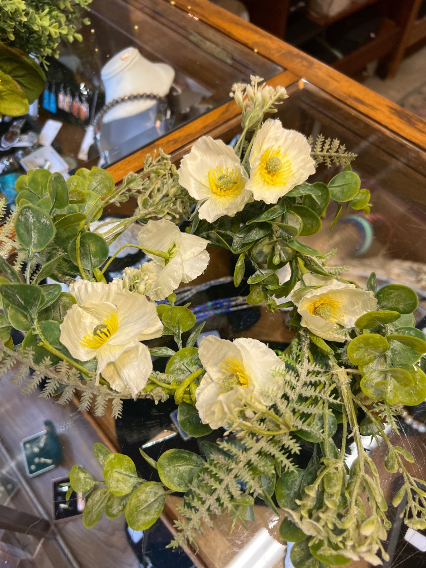 Artificial floral arrangement Cream/Yellow and Green Plastic and Fabric