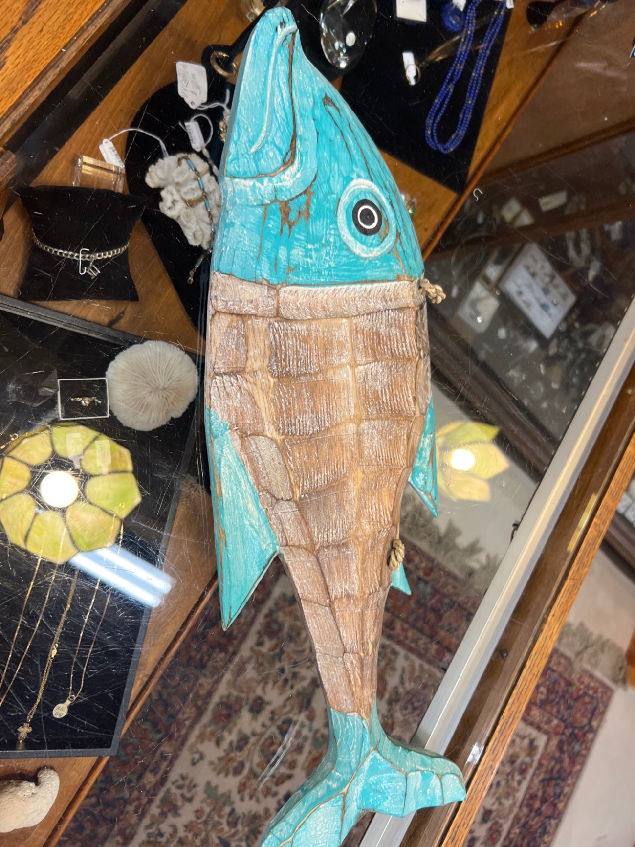 Small Decorative Fish Model Blue and Brown Wood and Paint