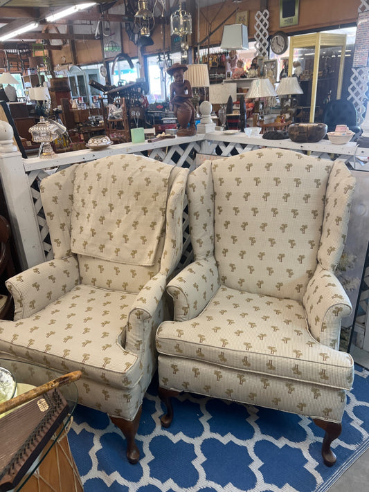 Wingback Chair Beige with green palm tree pattern Upholstered fabric