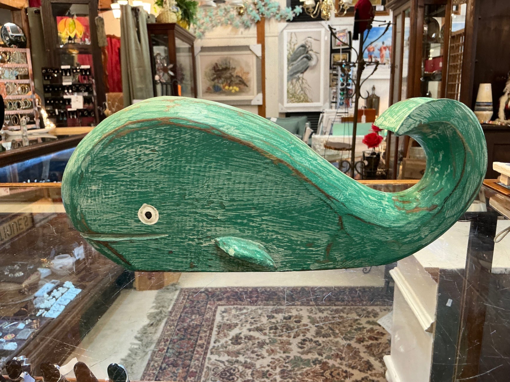 Decorative Wooden Large Whale Sculpture Green Wood