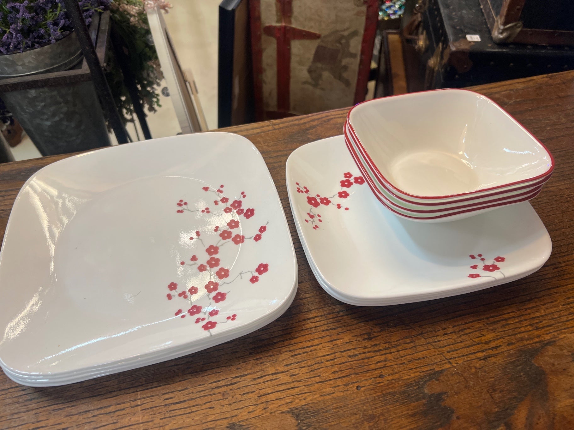 Dishware Set Red and White Porcelain