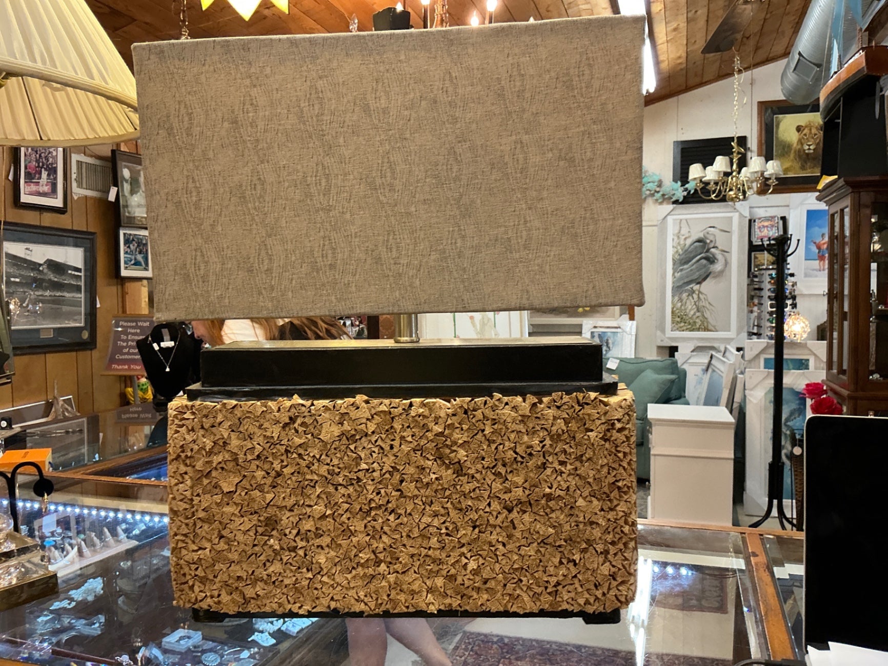 Table lamp Beige and black Fabric, possibly wood or metal for the base