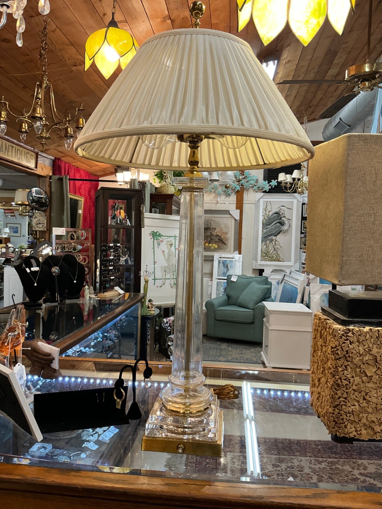 Table Lamp Cream and Gold Glass, Fabric, Metal