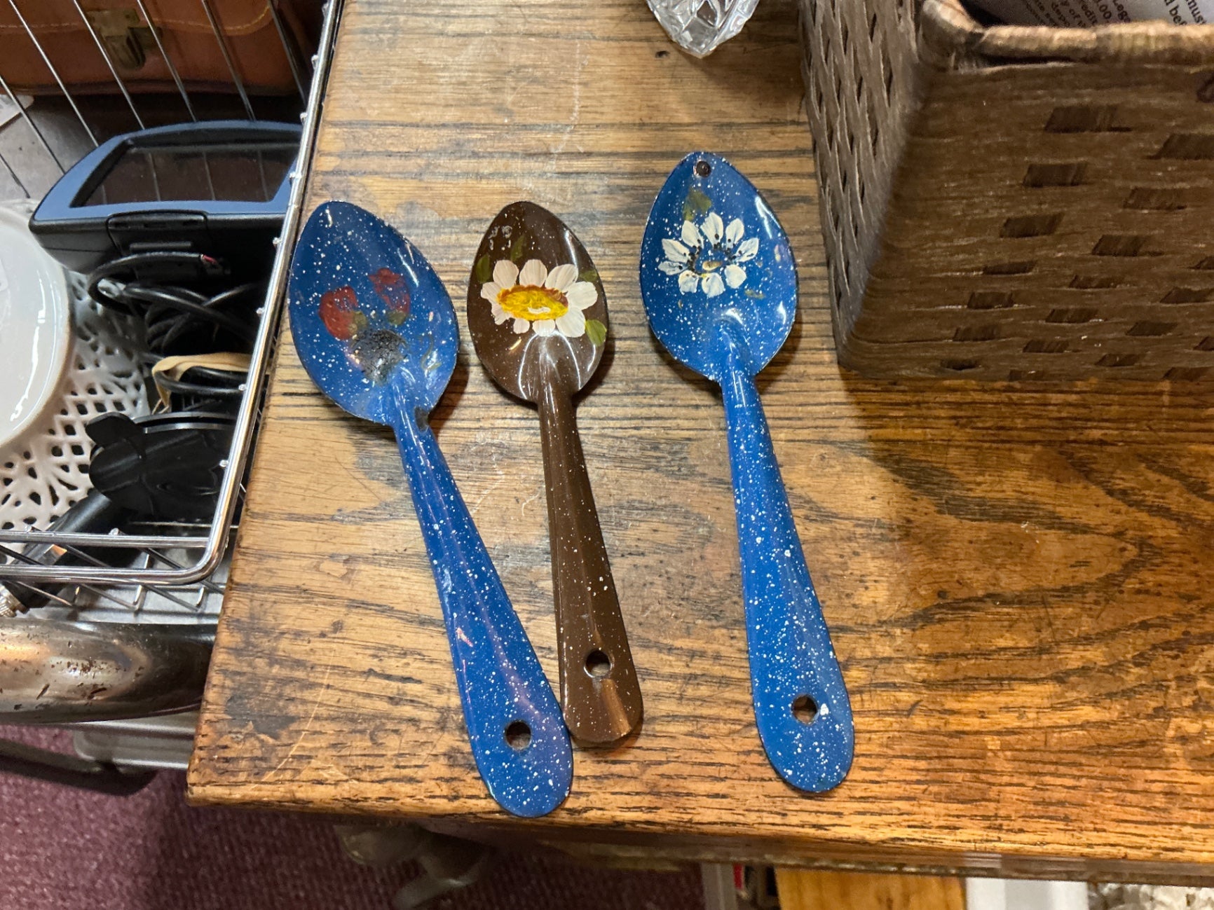 Spoon set Blue and brown with floral design Wood JH1