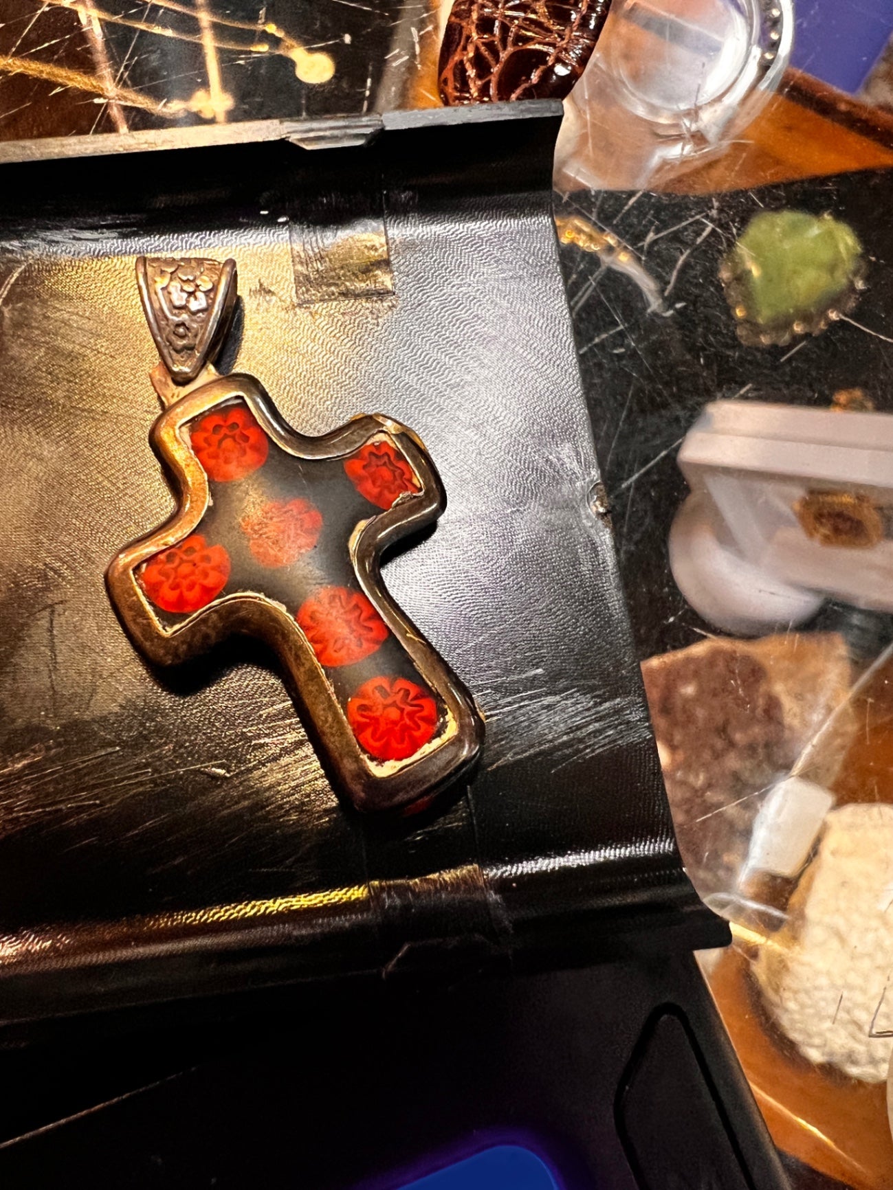 Murano Millefiori Glass Cross Pendant with Sterling Silver Frame