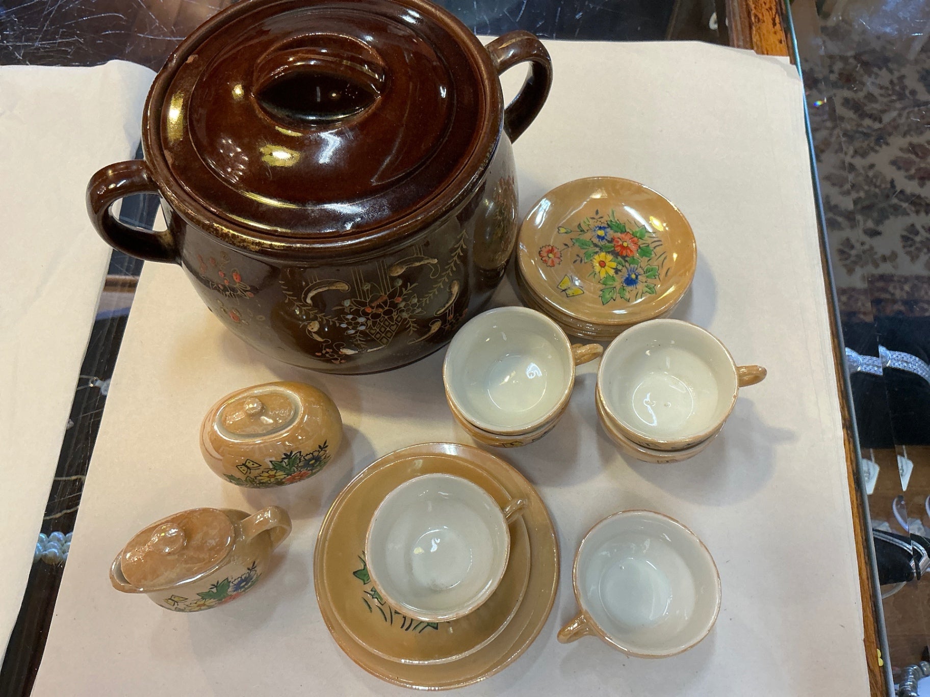 Tea set Yellow and brown with floral patterns Ceramic