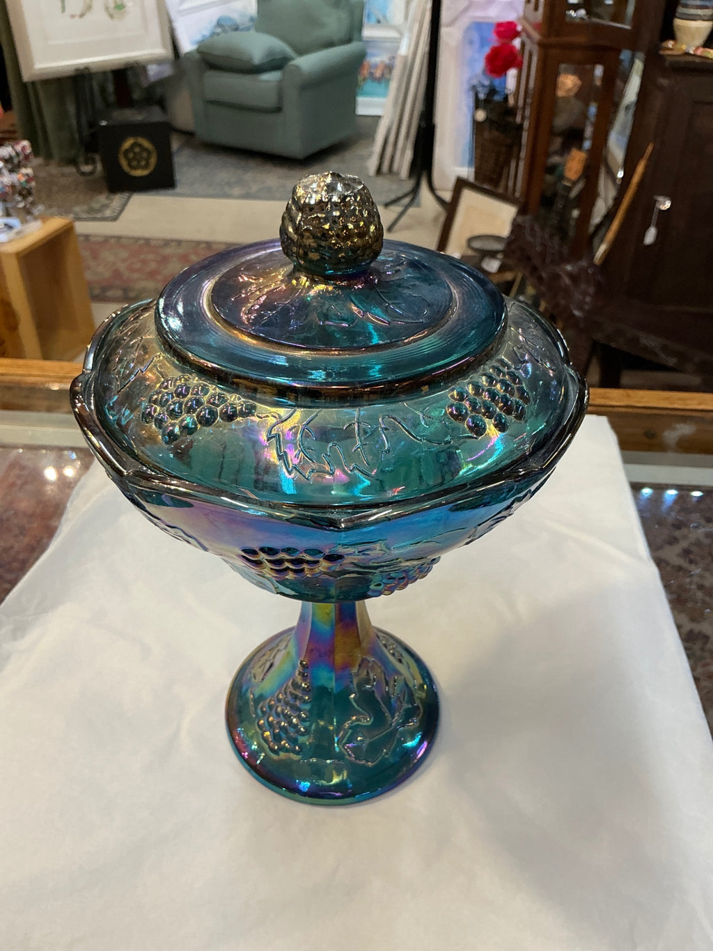 Glass Compote Iridescent Blue Glass