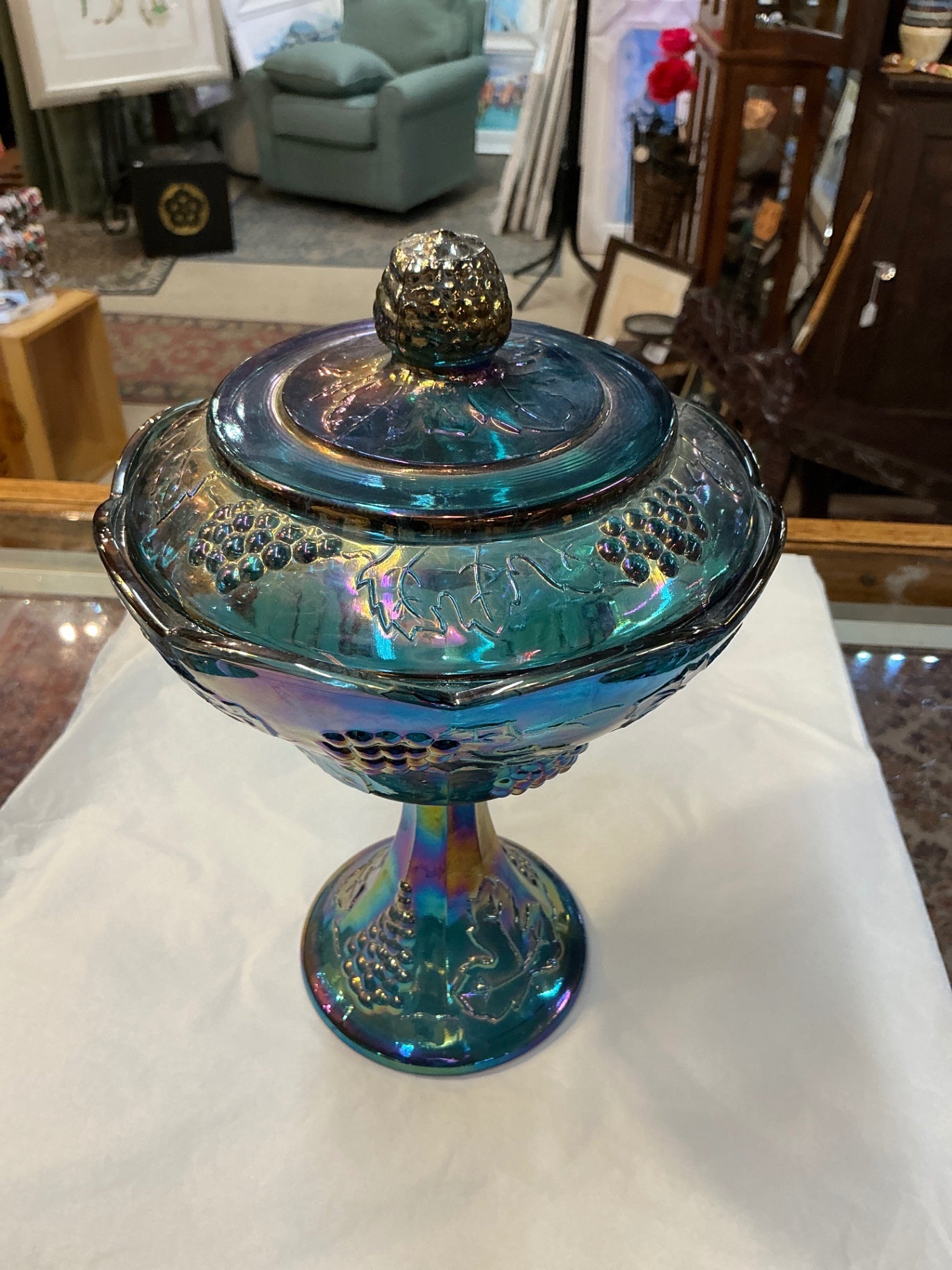 Glass Compote Iridescent Blue Glass