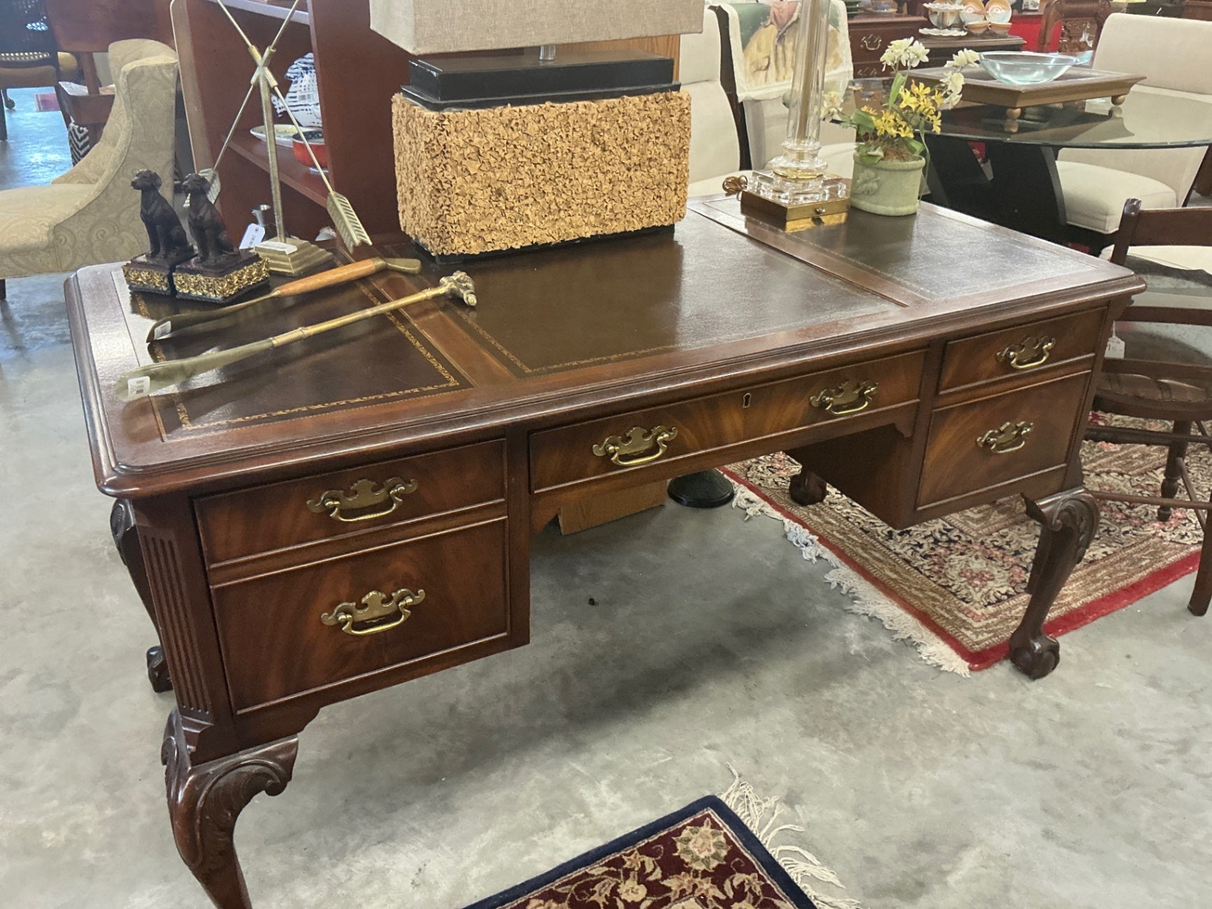 Desk Brown and Black Wood and Leather