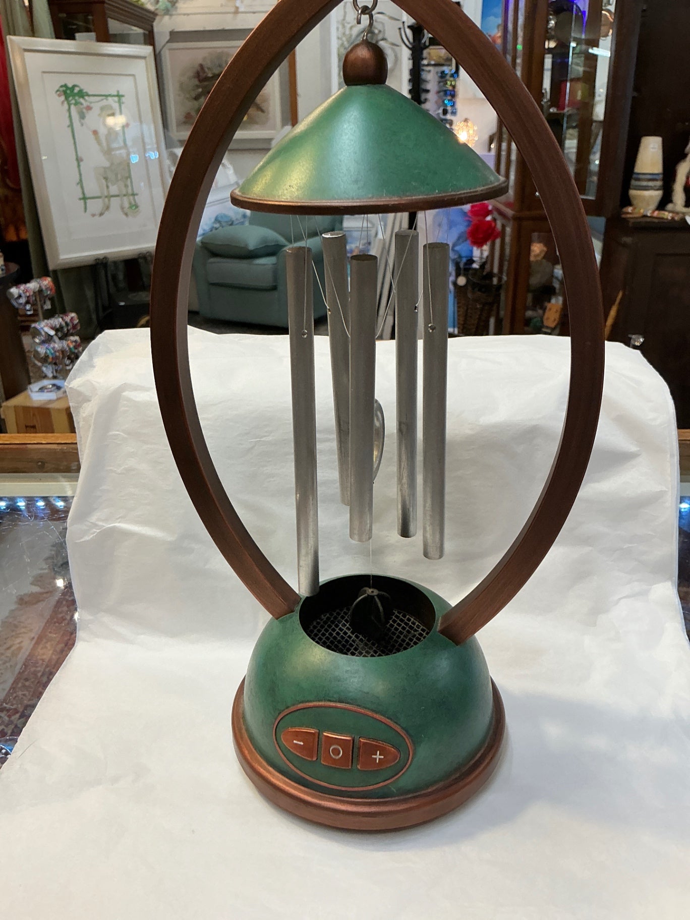 Wind Chimes Green and Silver Wood and Metal