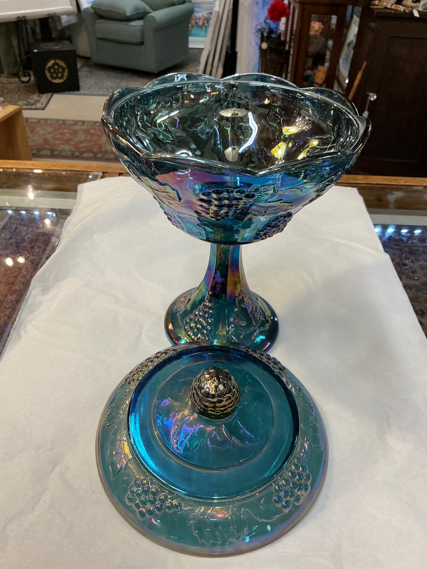 Glass Compote Iridescent Blue Glass