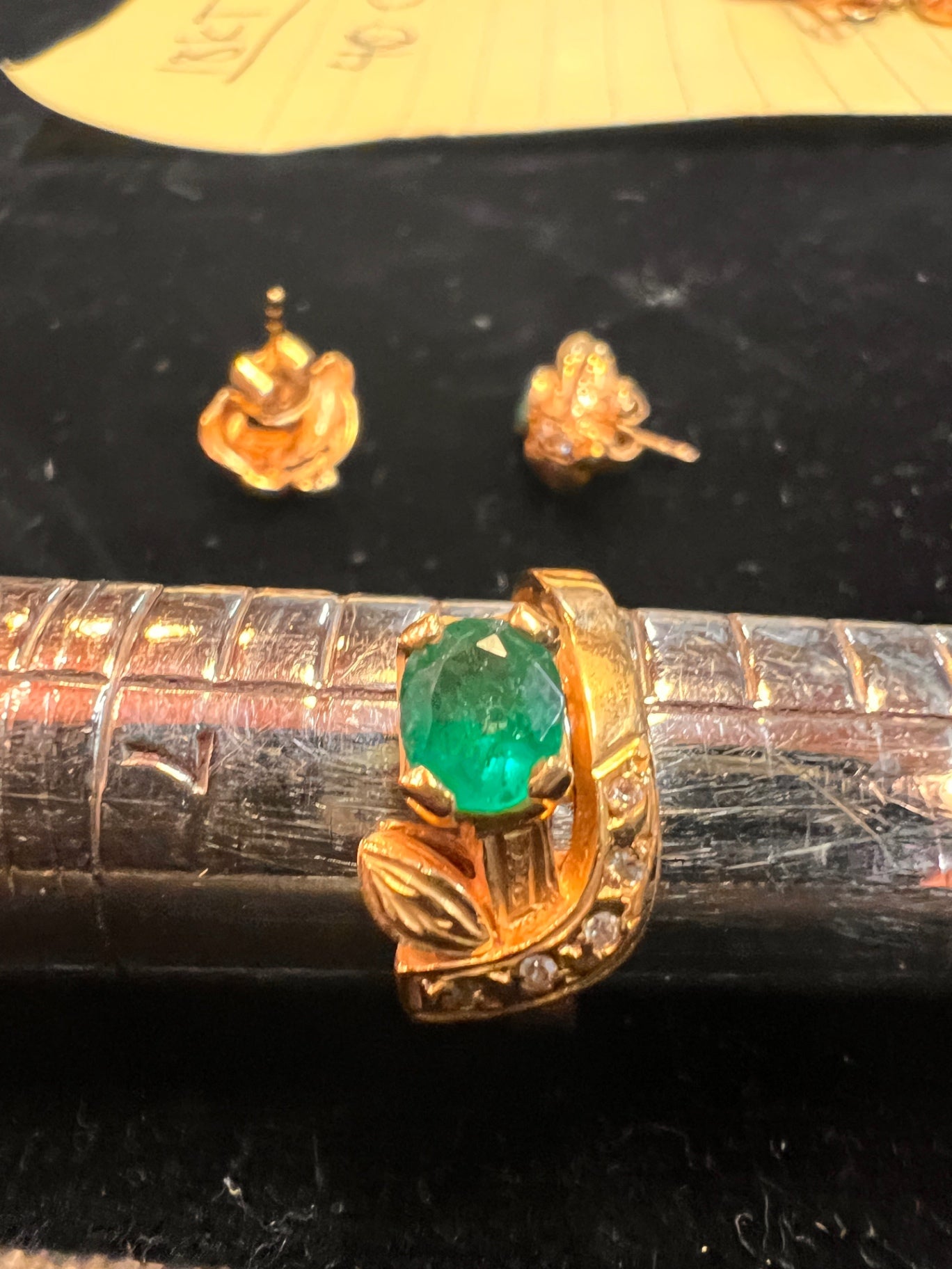 18 karat gold size 6 emerald and diamond ring with matching earrings