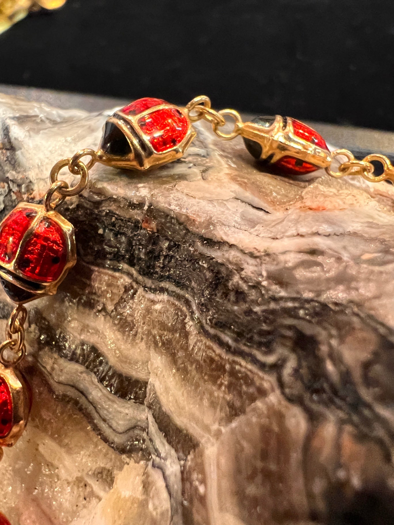 14kt Yellow Gold Enamel and Resin Ladybug Chain Bracelet; 7 inch