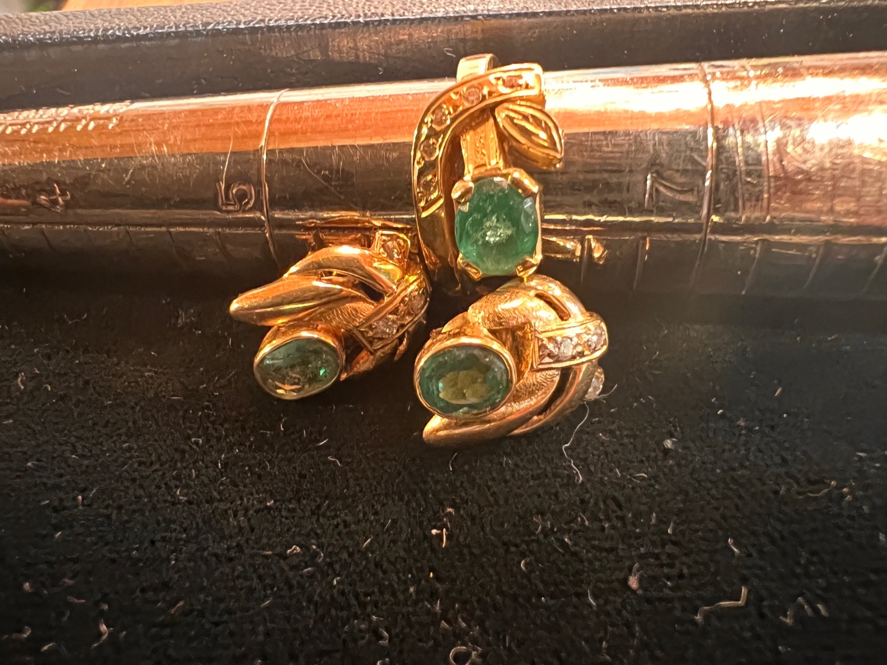 18 karat gold size 6 emerald and diamond ring with matching earrings