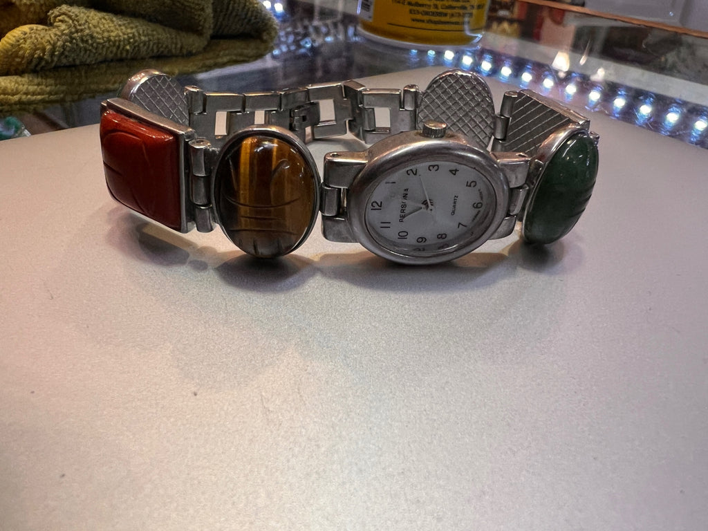Wristwatch Silver, Red, Brown, Green Metal, Stones