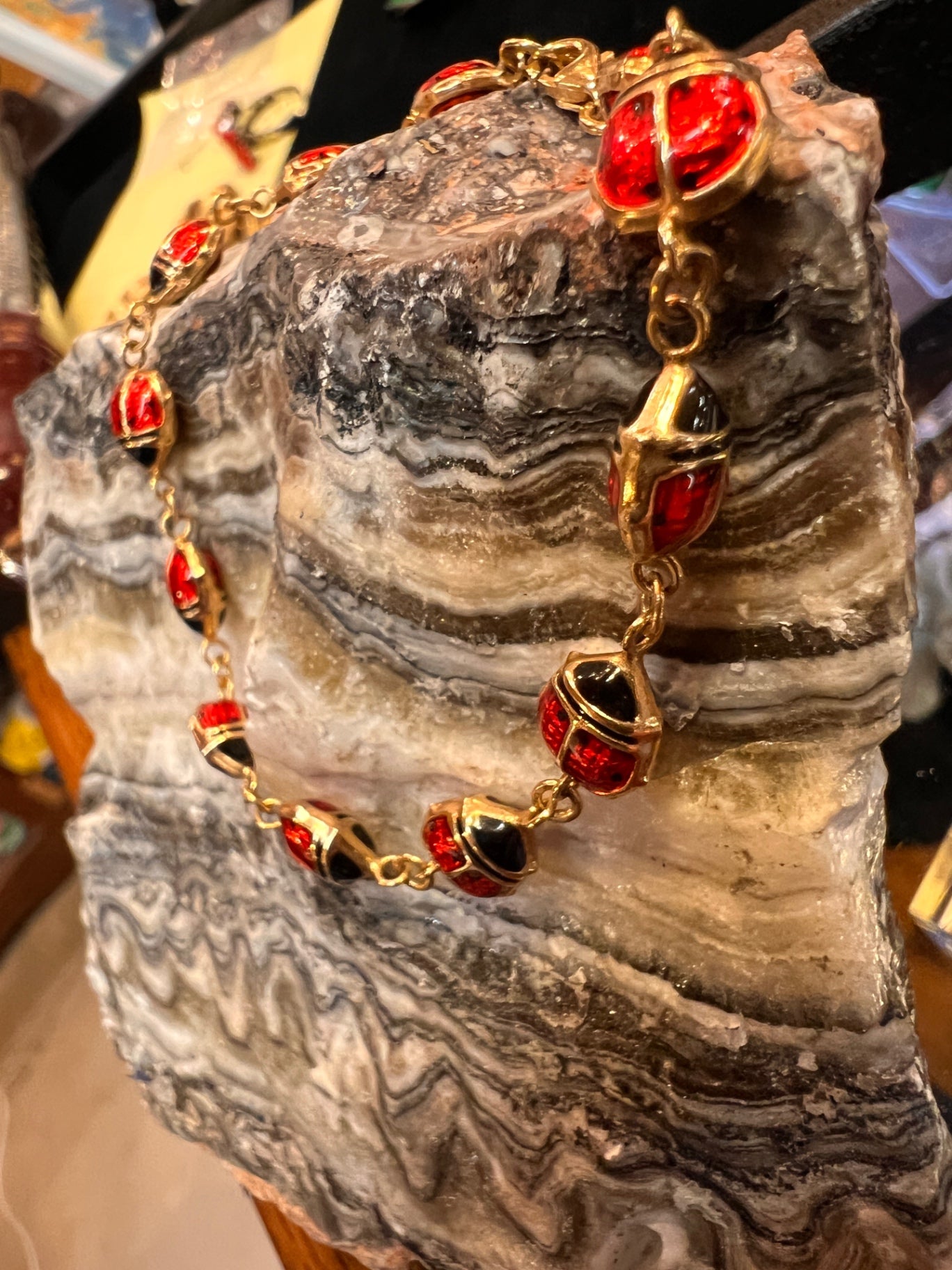 14kt Yellow Gold Enamel and Resin Ladybug Chain Bracelet; 7 inch