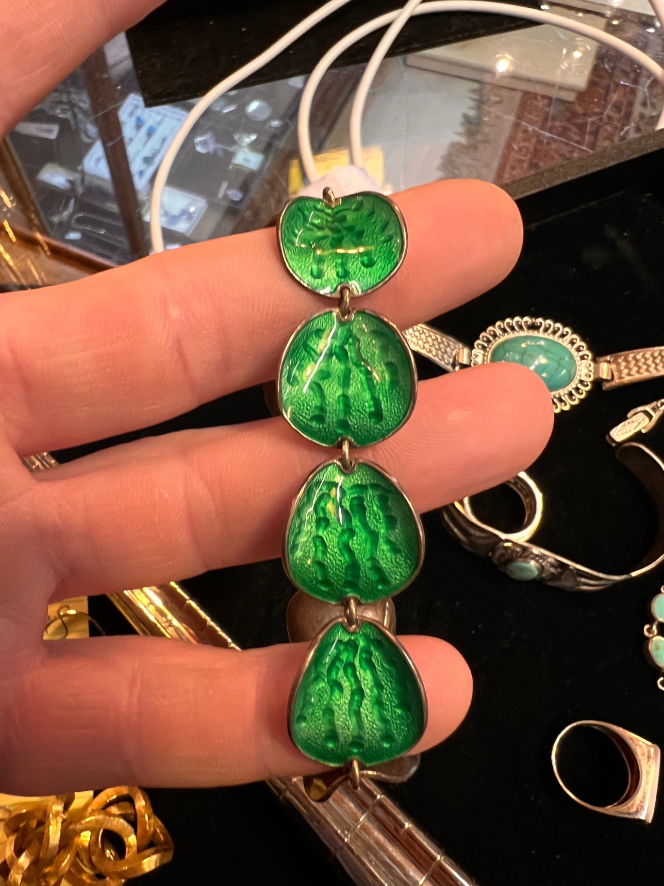 Vintage Sterling Silver & Green Guilloché Enamel Bracelet (Marked 925S Sterling Norway)