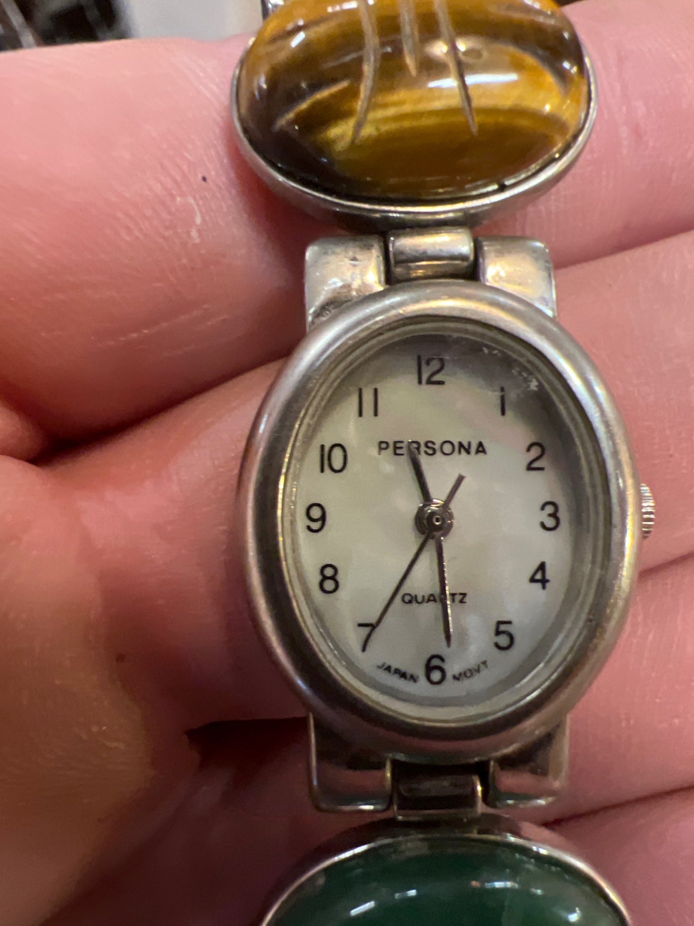 Wristwatch Silver, Red, Brown, Green Metal, Stones