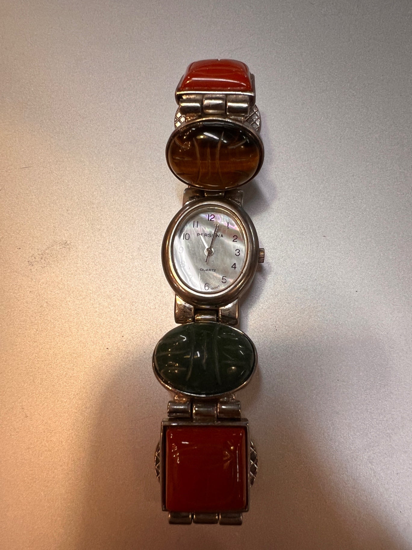 Wristwatch Silver, Red, Brown, Green Metal, Stones