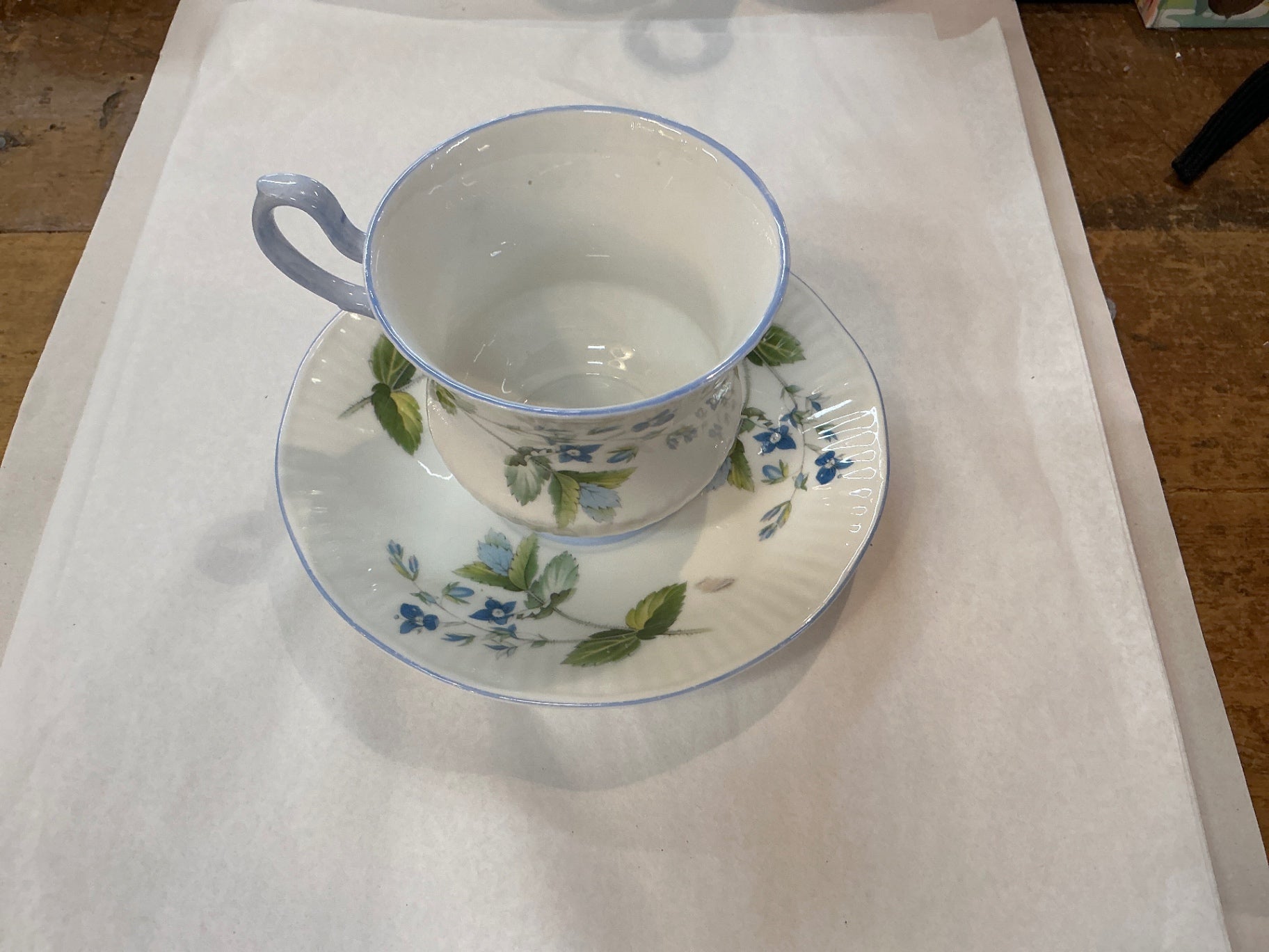Tea Cup and Saucer White with Blue and Green Patterns Porcelain