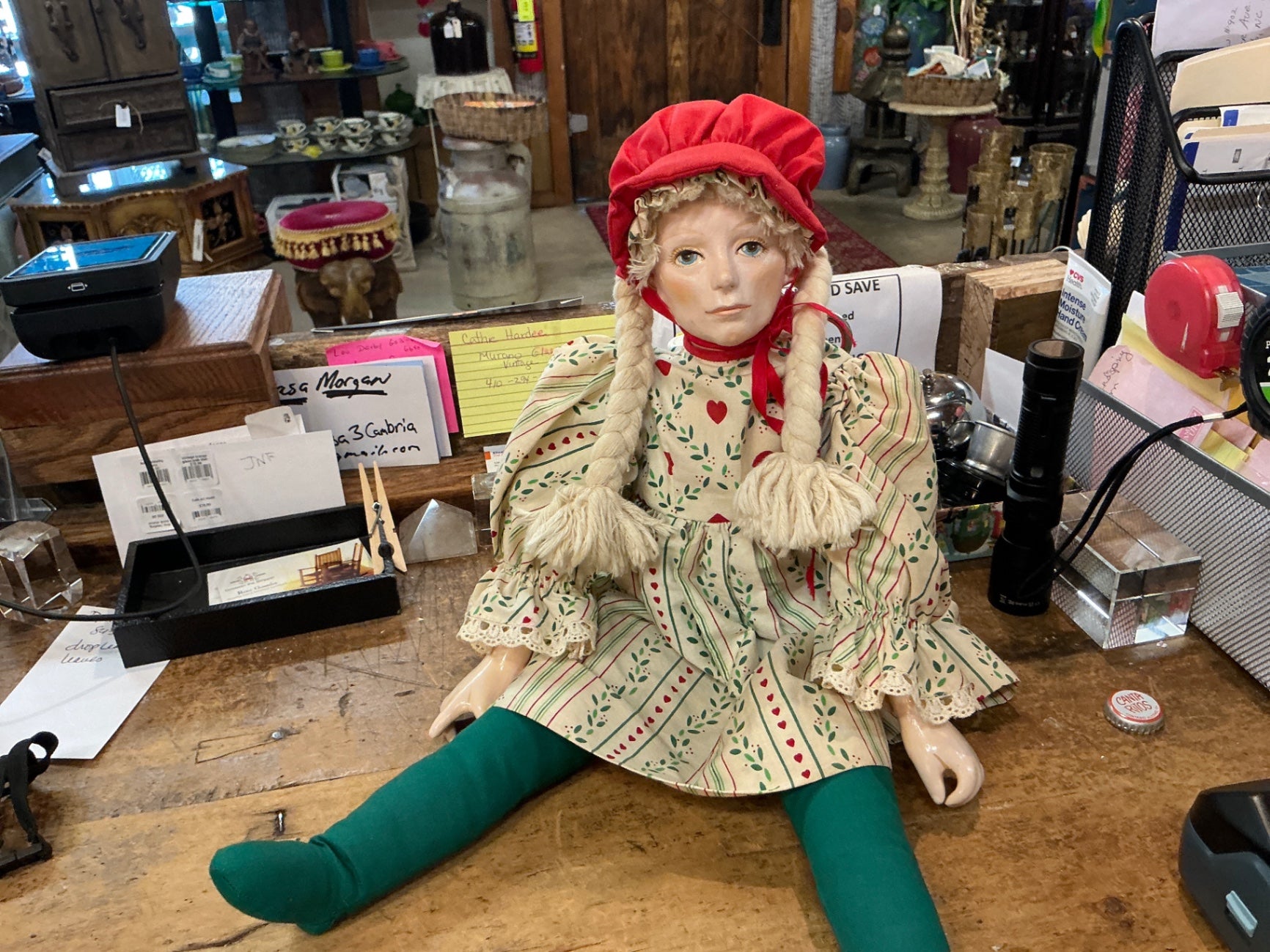 Decorative Doll Cream, Red, Green Fabric, Plastic, Yarn