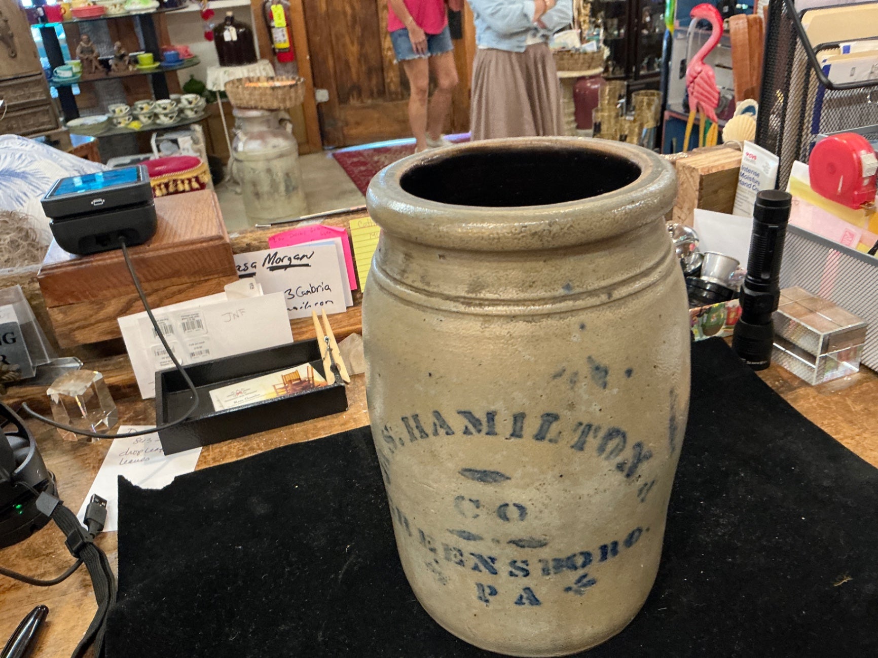 Vase Beige with blue lettering Ceramic