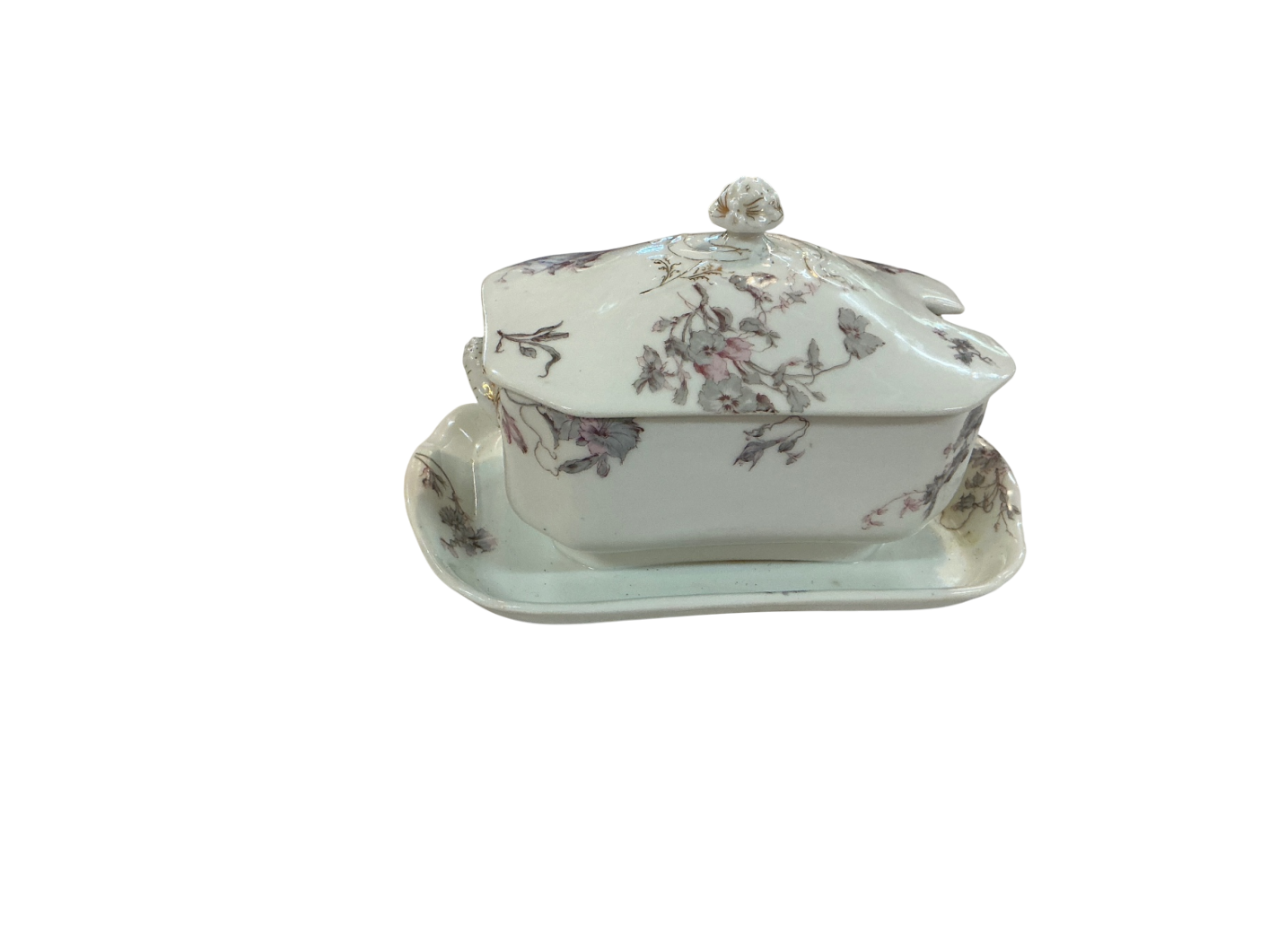 Gravy BowlWhite with pink and gray floral pattern Porcelain