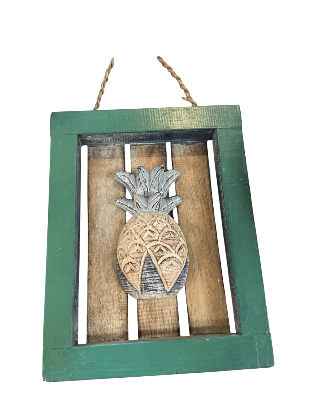 Decorative Wall Hanging Natural wood tones with green frame Wood and rope