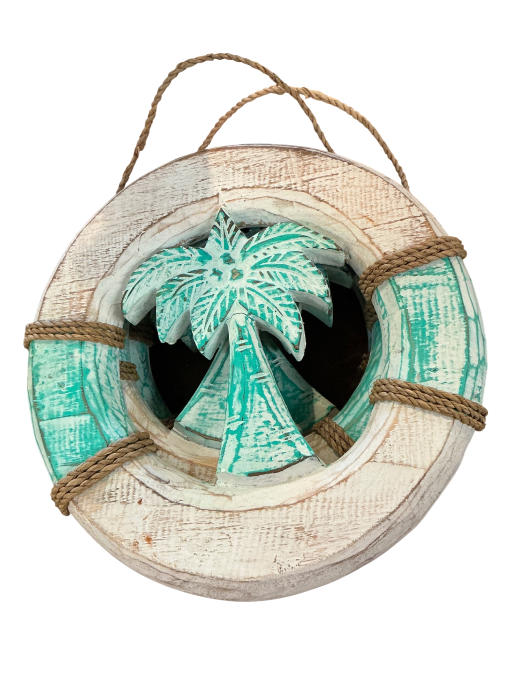 Decorative Wall Hanging Turquoise and White Wood and Rope