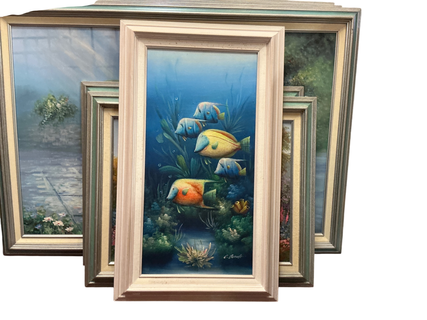 Framed Artwork Various shades of blue, green, yellow, orange, and white Wood, canvas