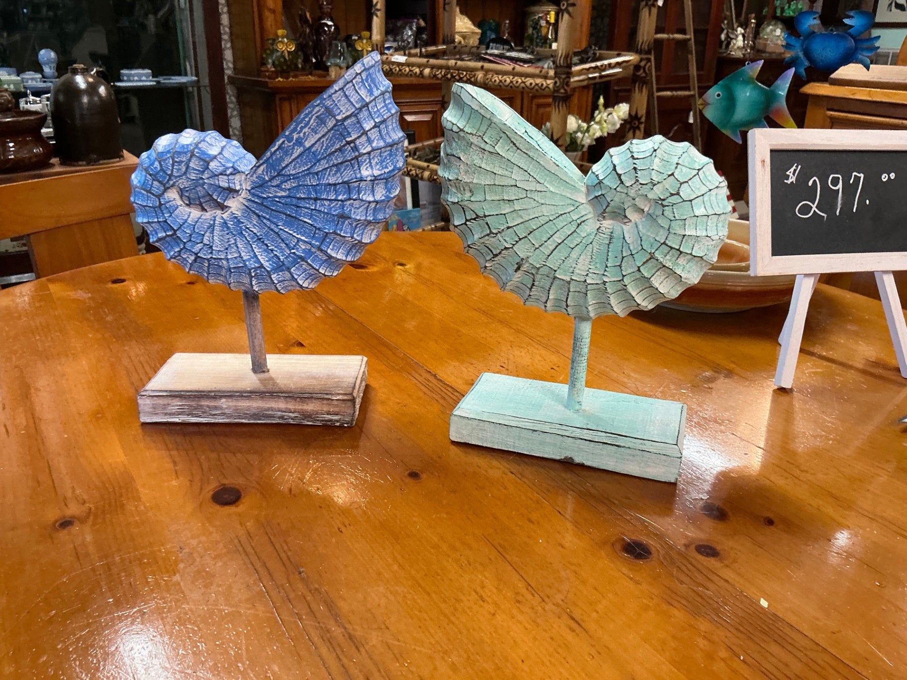 Decorative Nautilus Shell sculpture Blue OR green Wood 12" x 9" X 4"