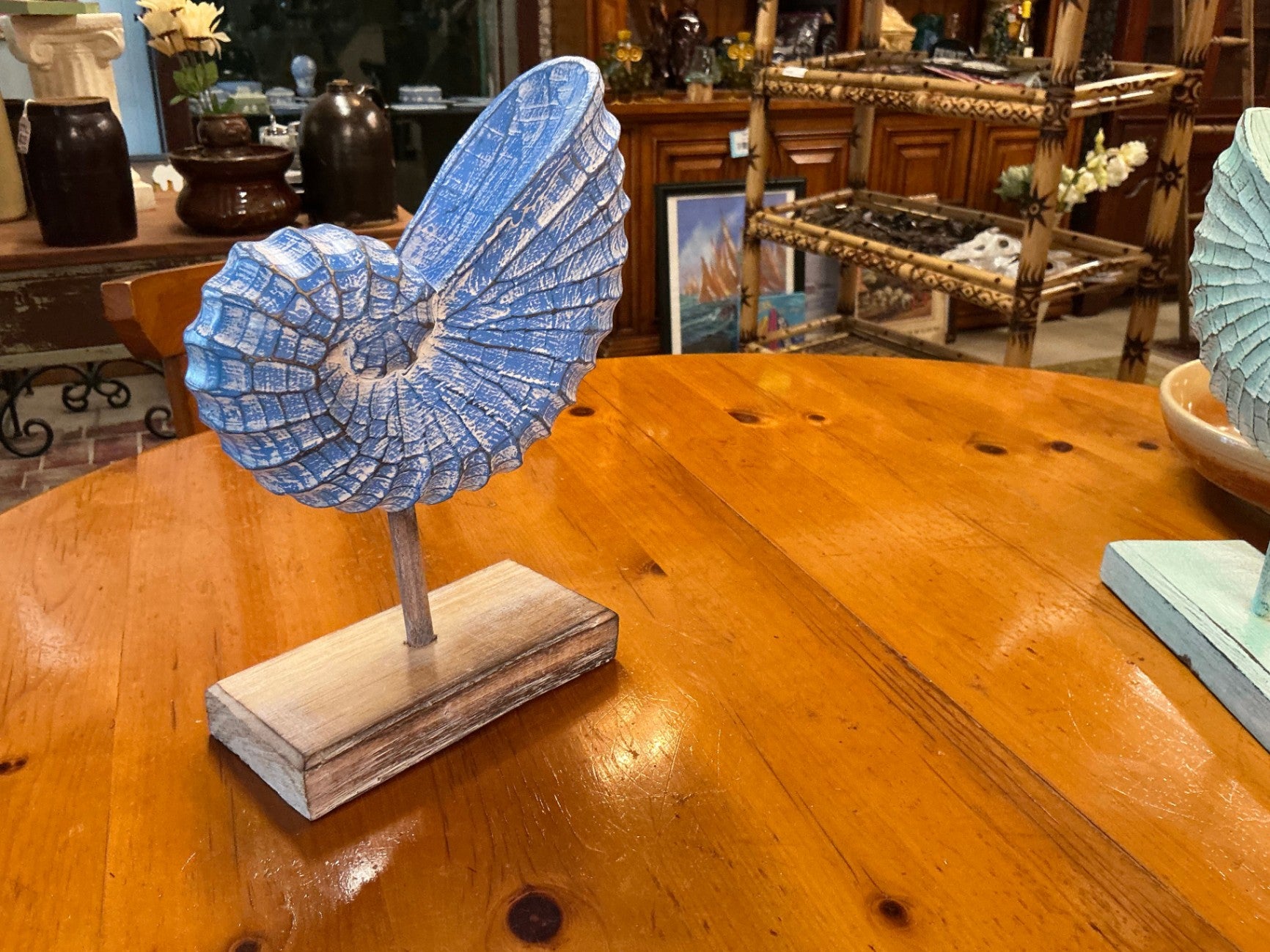 Decorative Nautilus Shell sculpture Blue OR green Wood 12" x 9" X 4"