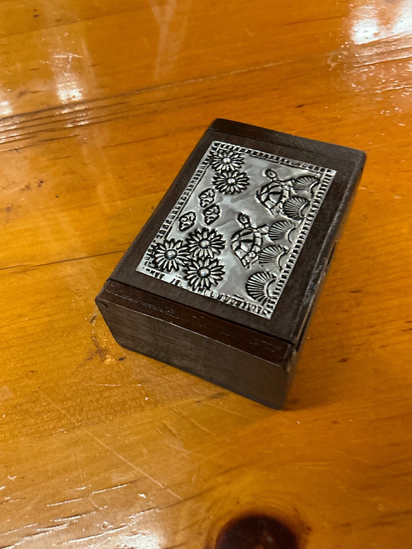 Decorative Jewelry Box, Trinket Box Brown and metallic silver Wood and metal measure 3.5" x 2.5" x 1.5"