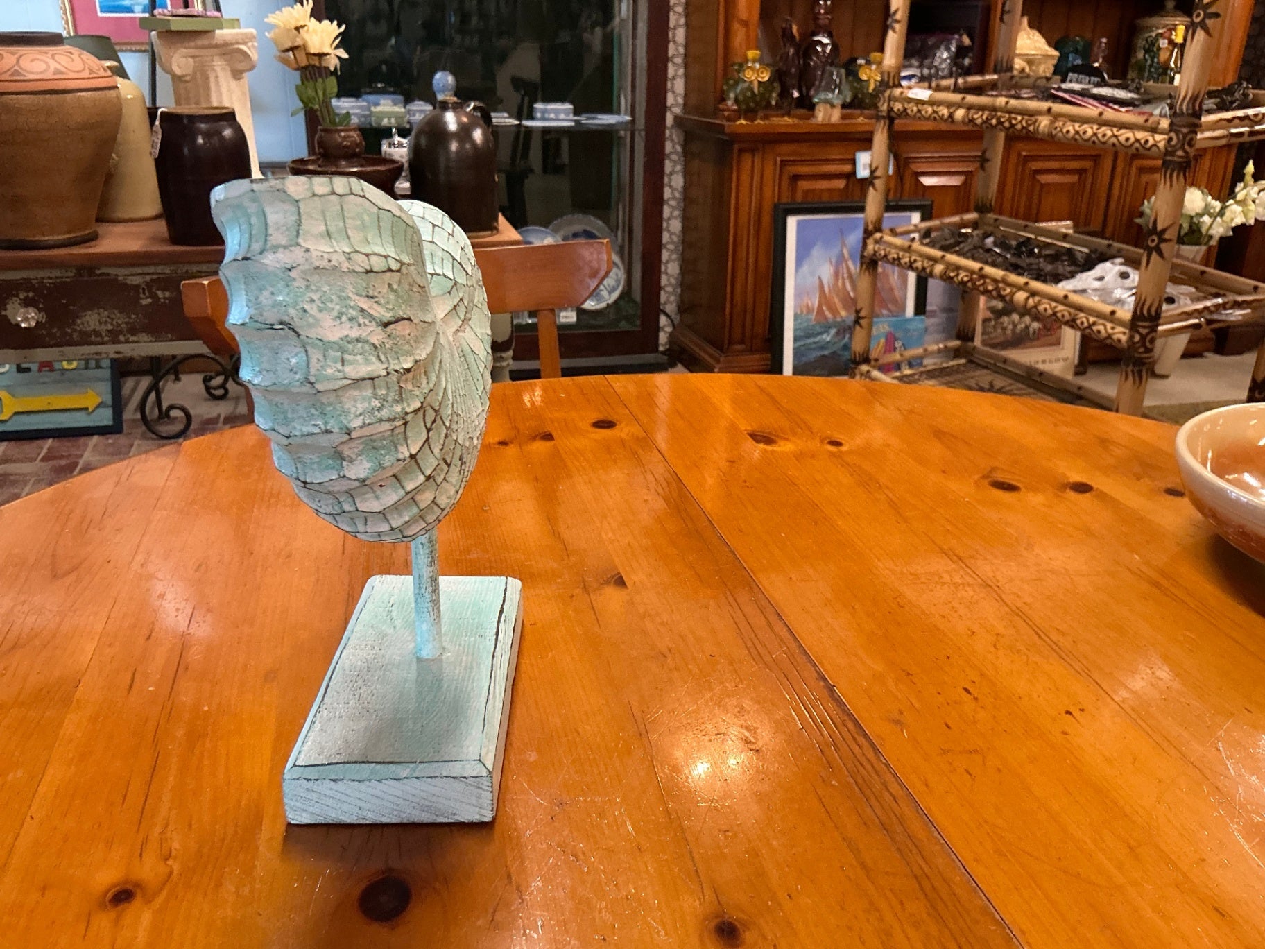 Decorative Nautilus Shell sculpture Blue OR green Wood 12" x 9" X 4"