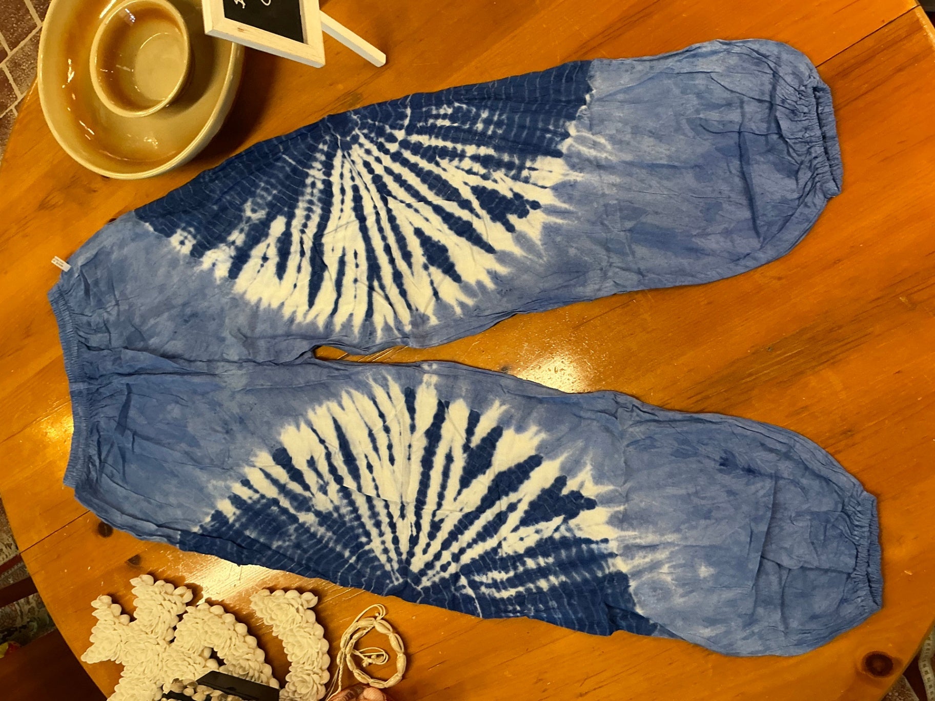 Tie-Dye Pants Blue and White Cotton One Size Fits All