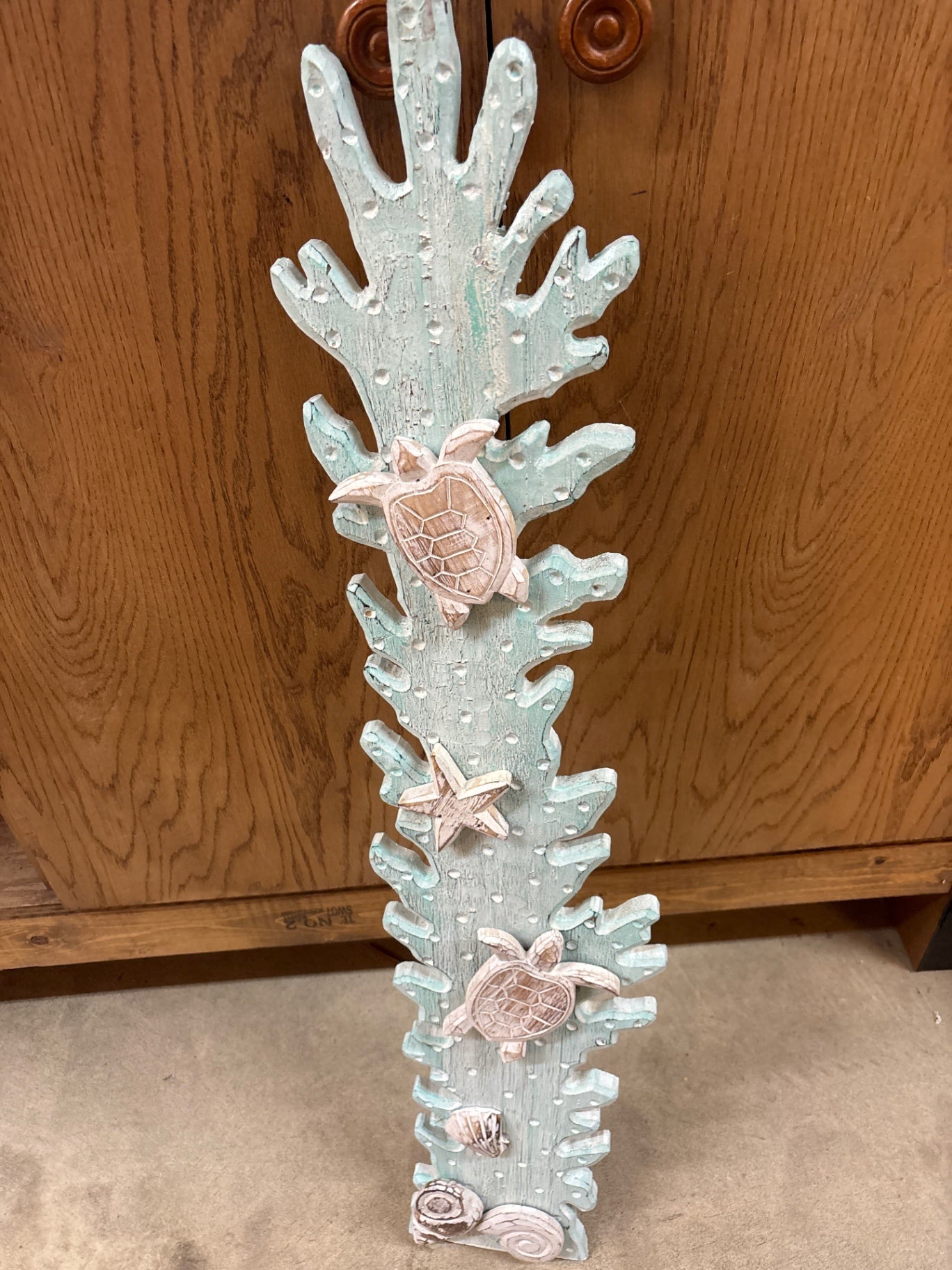 Wood wall hanging coral reef turtle and shells 
