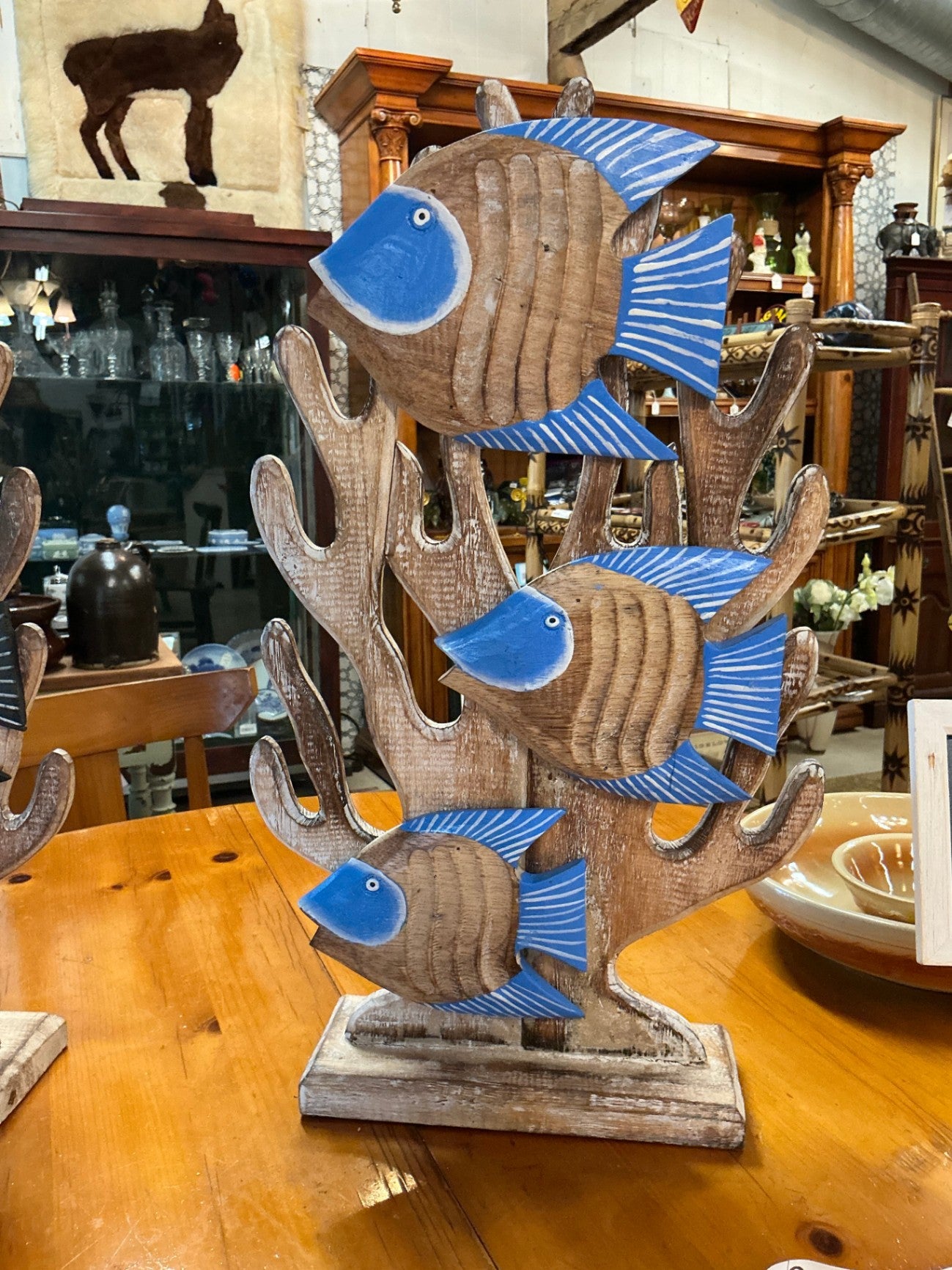 Coral and Fish Decorative sculpture Natural wood tones, blue, black, white Wood and paint