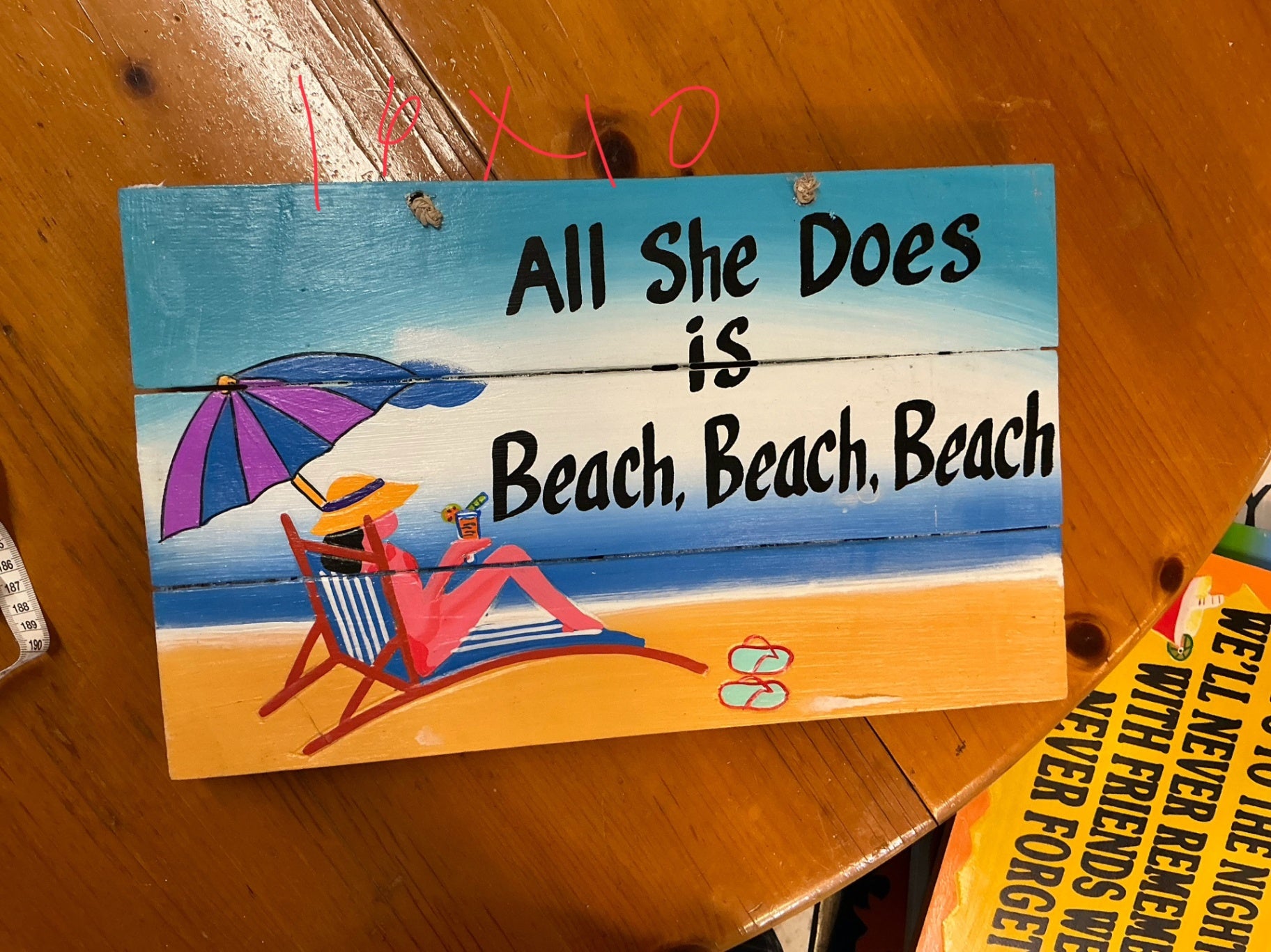 All She Does Is Beach Beach Beach Sign Decorative Wall Hanging Multicolor (blue, purple, orange, pink, yellow, white, black) Wood